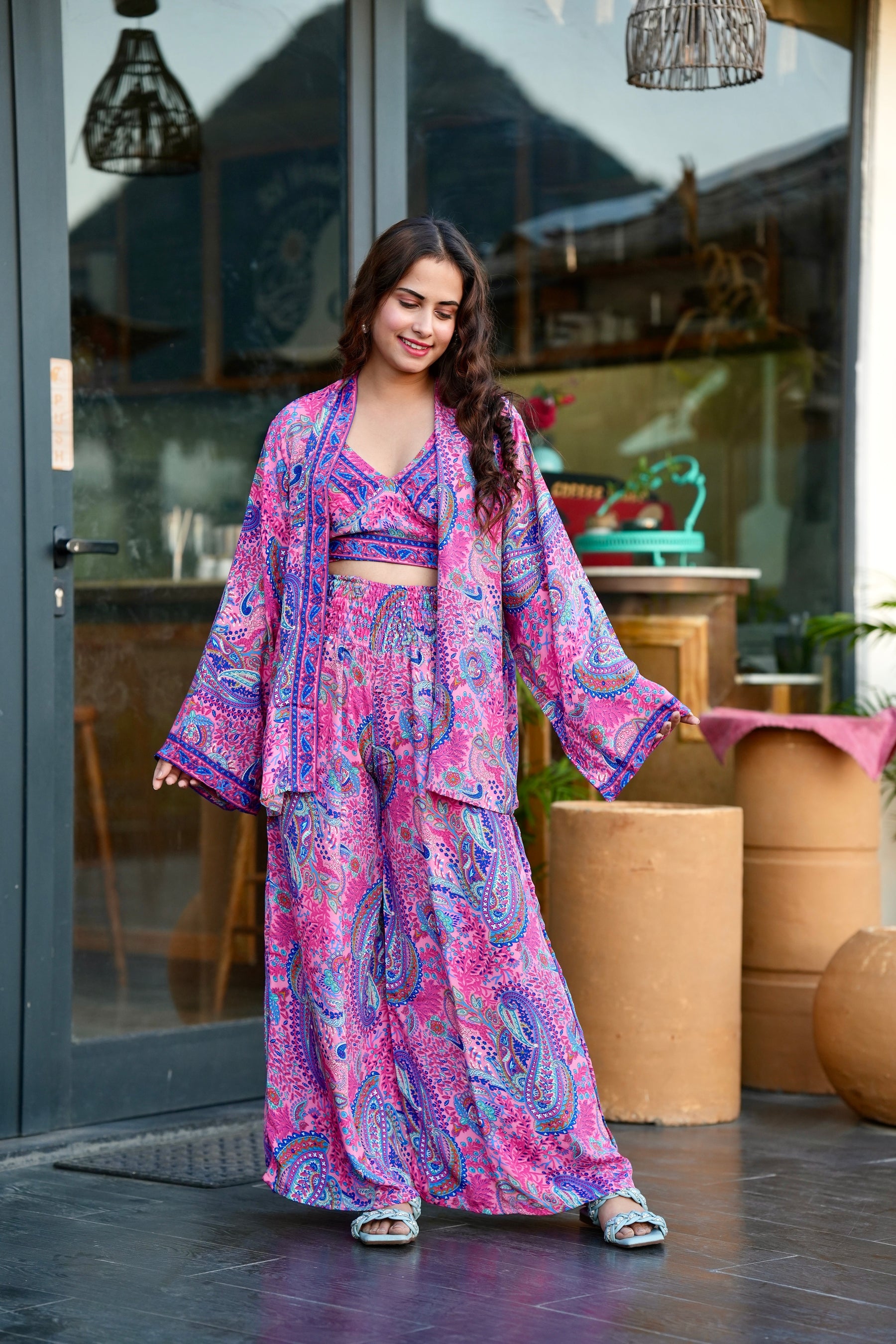 Boho Printed Kimono Three Piece Set - Pink Lagoon