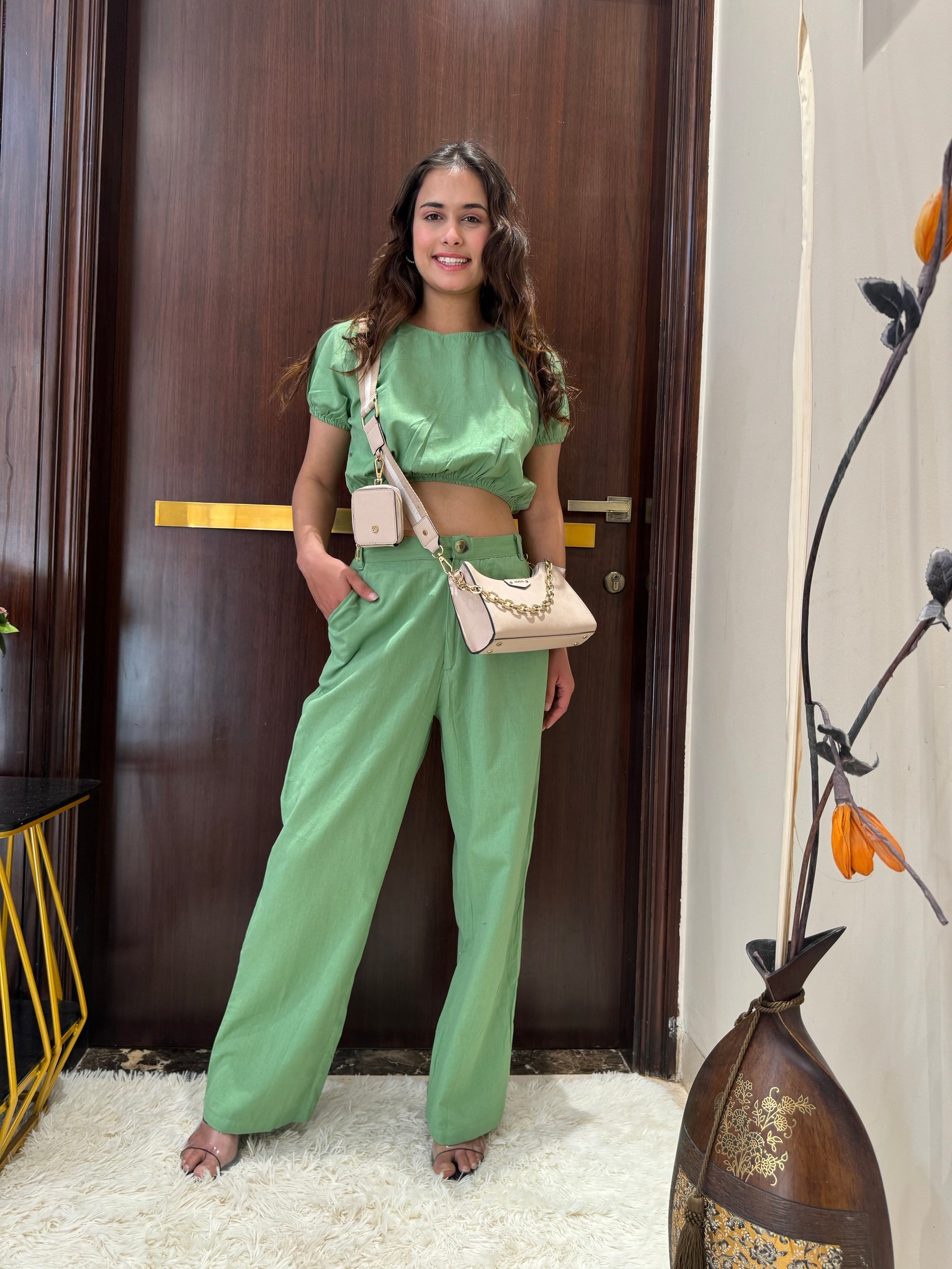 Keyhole Back Crop Top and Pant Set in Pista