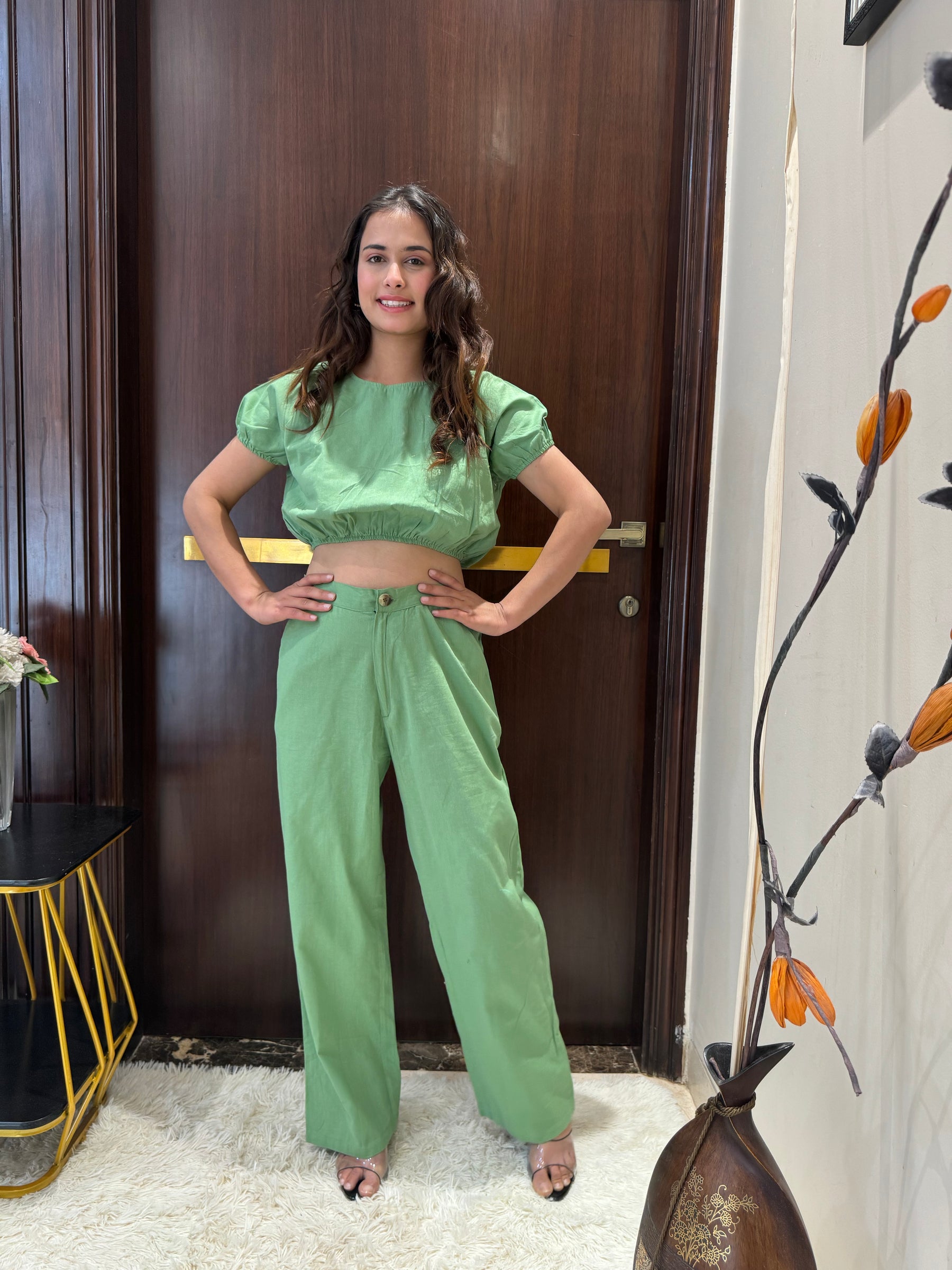 Keyhole Back Crop Top and Pant Set in Pista