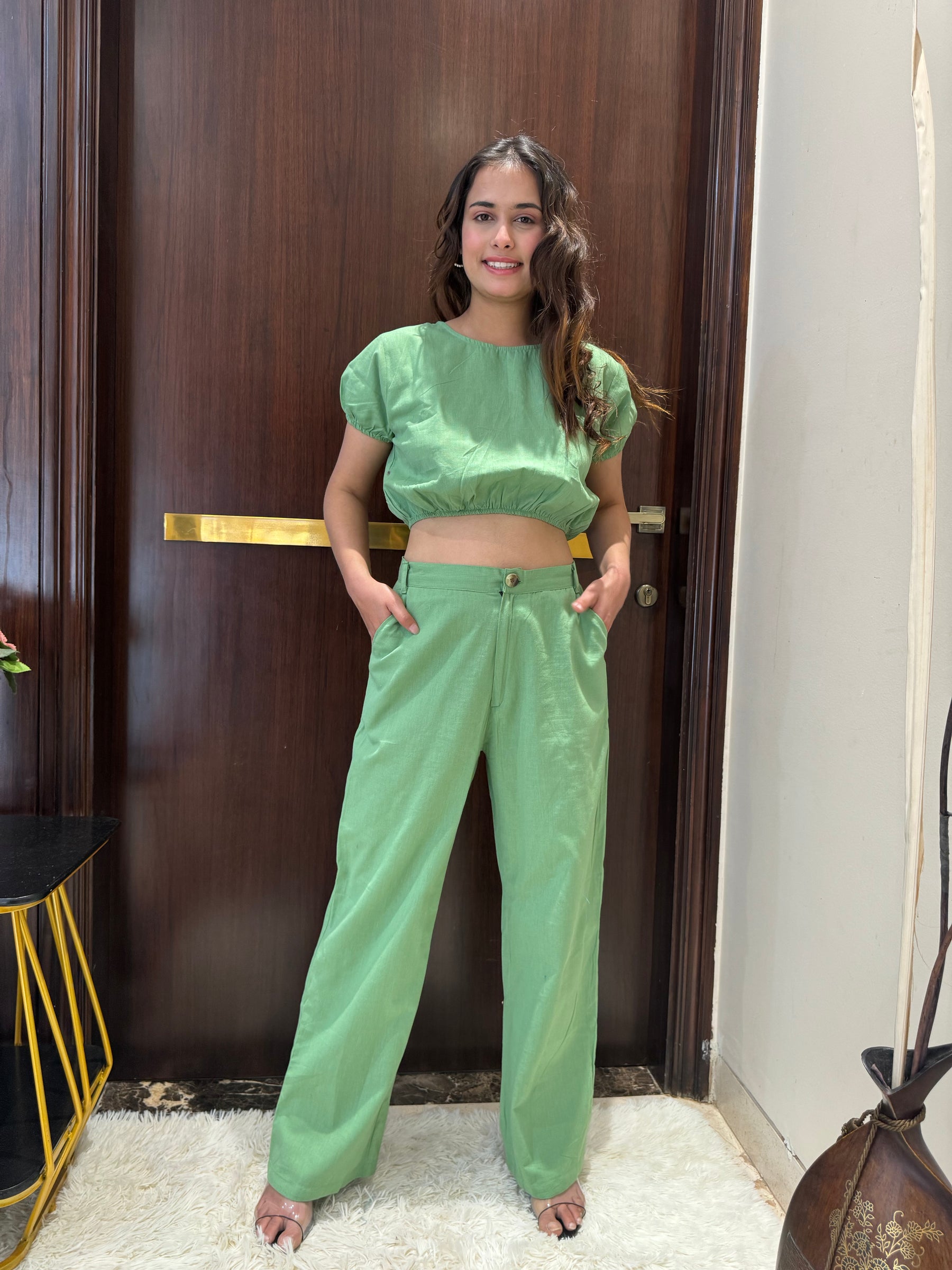 Keyhole Back Crop Top and Pant Set in Pista