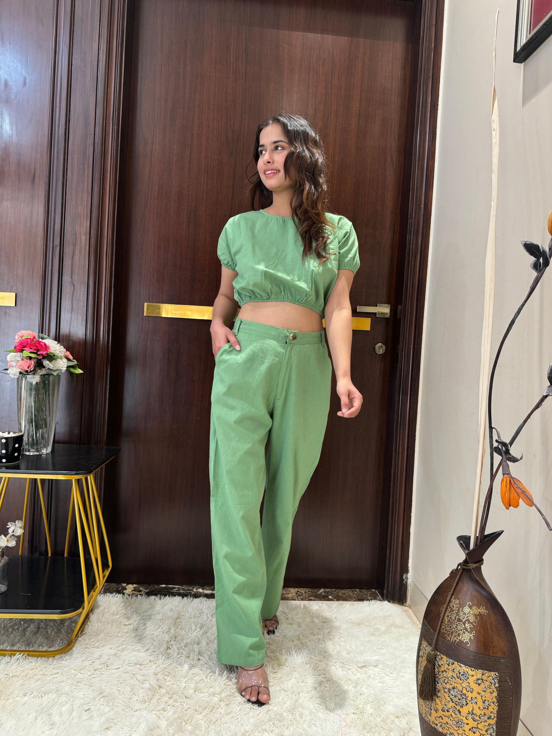 Keyhole Back Crop Top and Pant Set in Pista