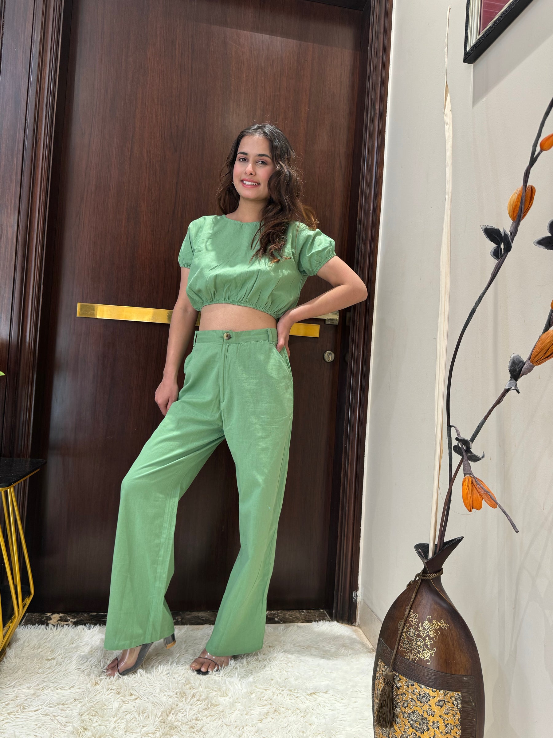 Keyhole Back Crop Top and Pant Set in Pista