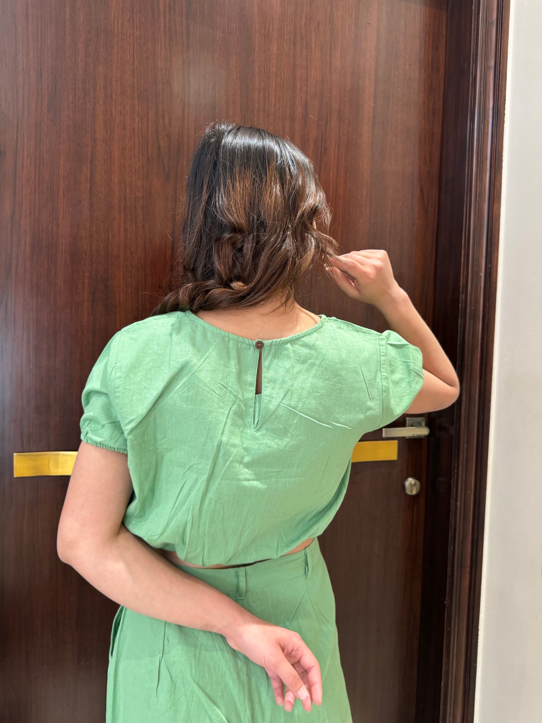 Keyhole Back Crop Top and Pant Set in Pista