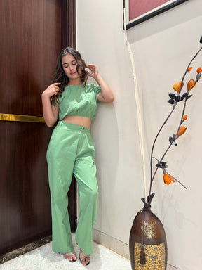 Keyhole Back Crop Top and  Pant Set in Pista