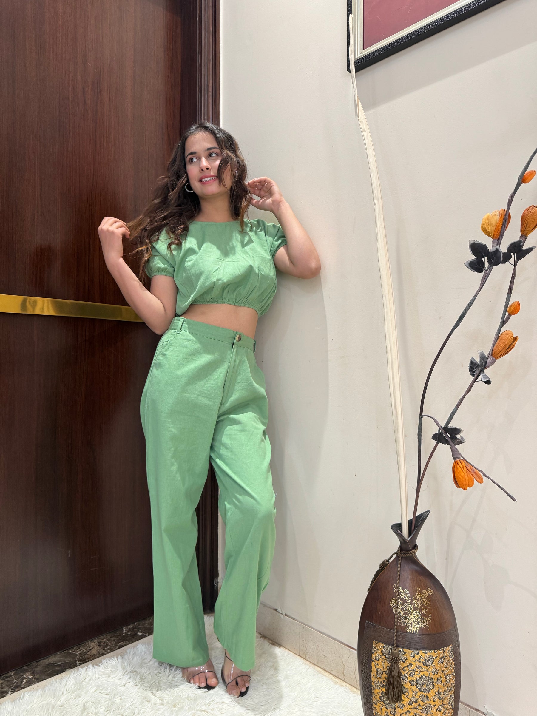 Keyhole Back Crop Top and Pant Set in Pista