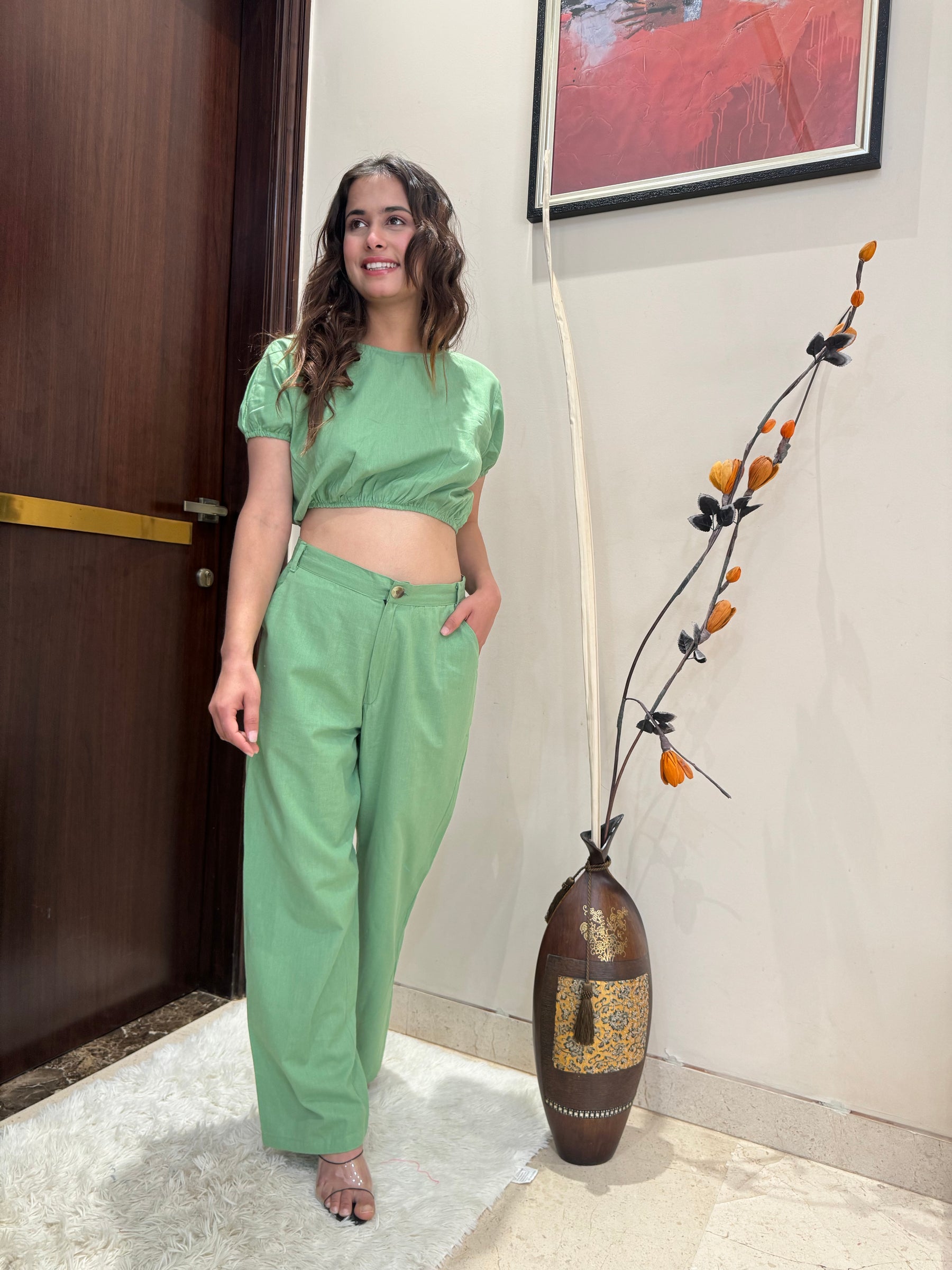 Keyhole Back Crop Top and Pant Set in Pista