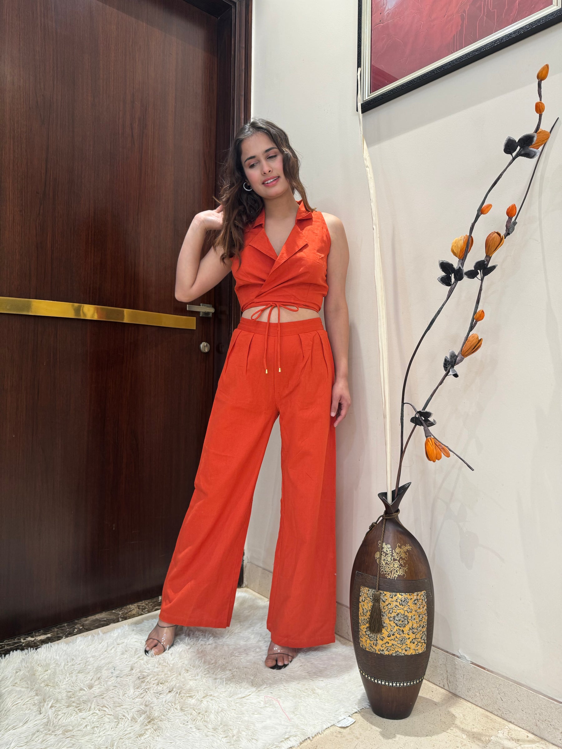 Solid Wrap Top and Pant Set in Orange