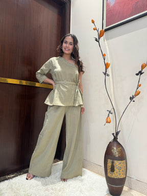 One Shoulde Top and Wide Leg Pant Set in Beige