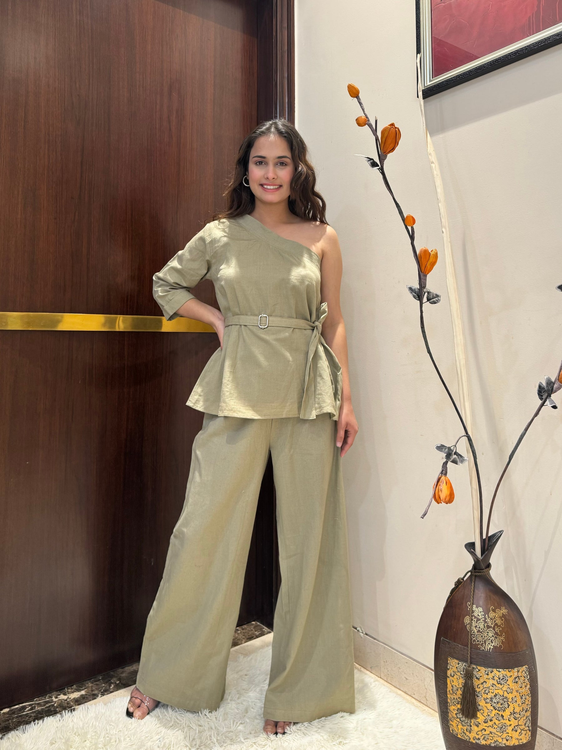 One Shoulde Top and Wide Leg Pant Set in Beige