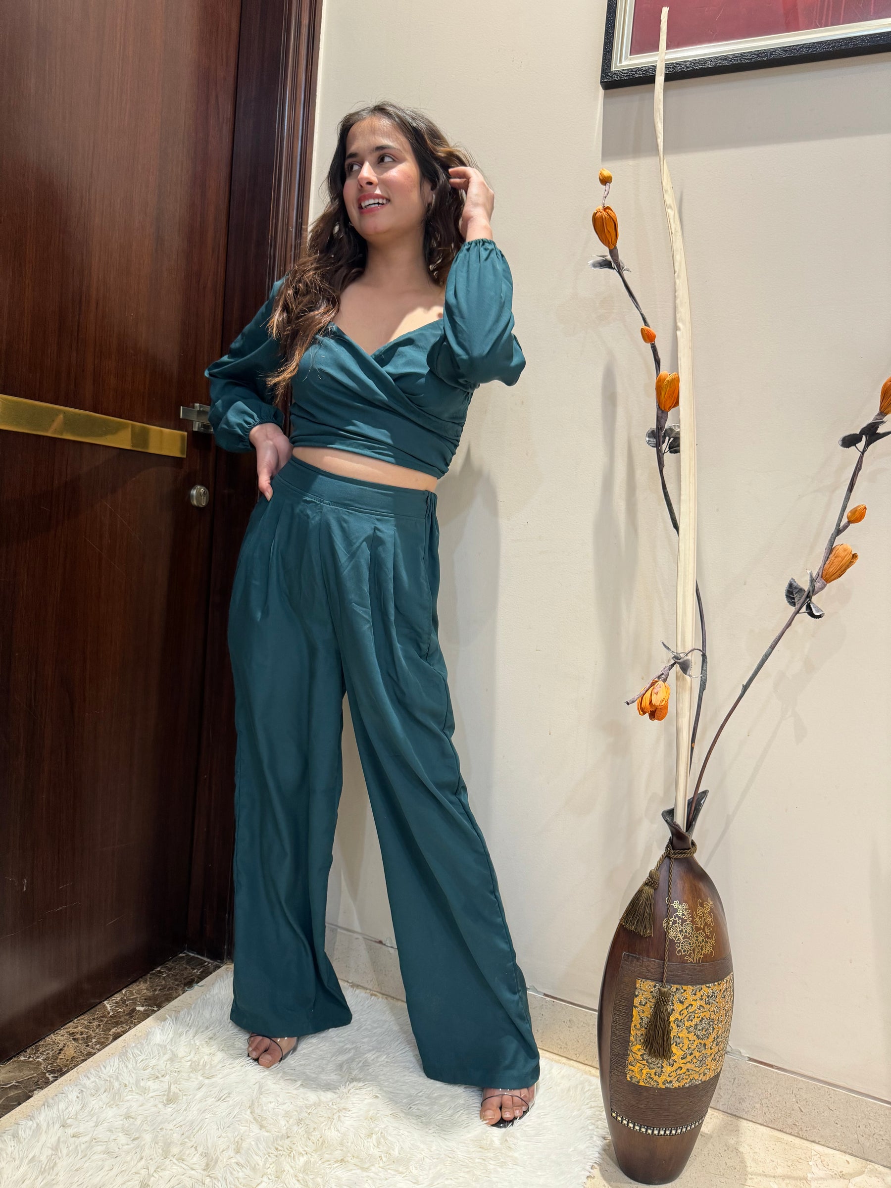 Puff Sleeves Top and Pant Set in Teal