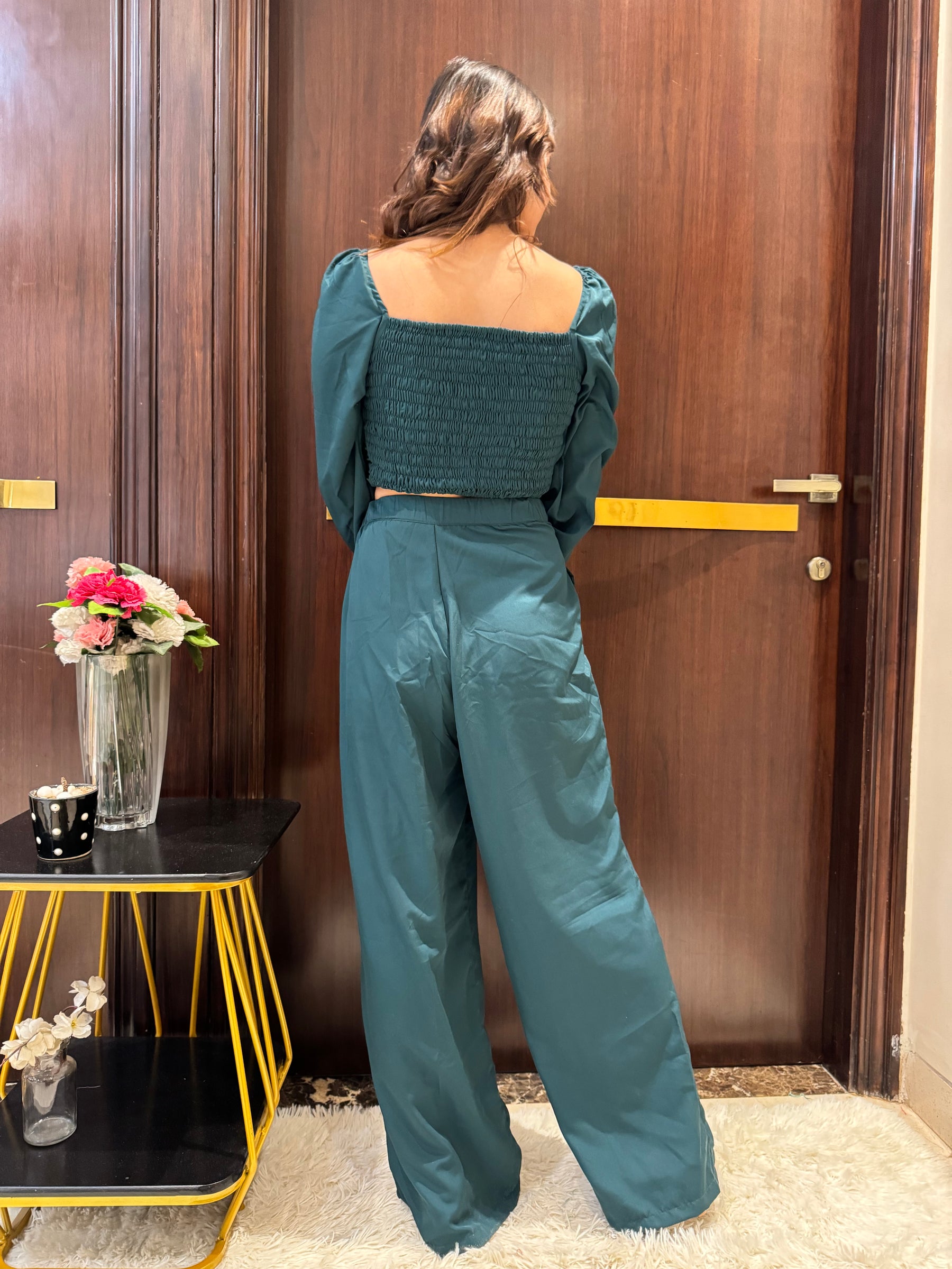 Puff Sleeves Top and Pant Set in Teal