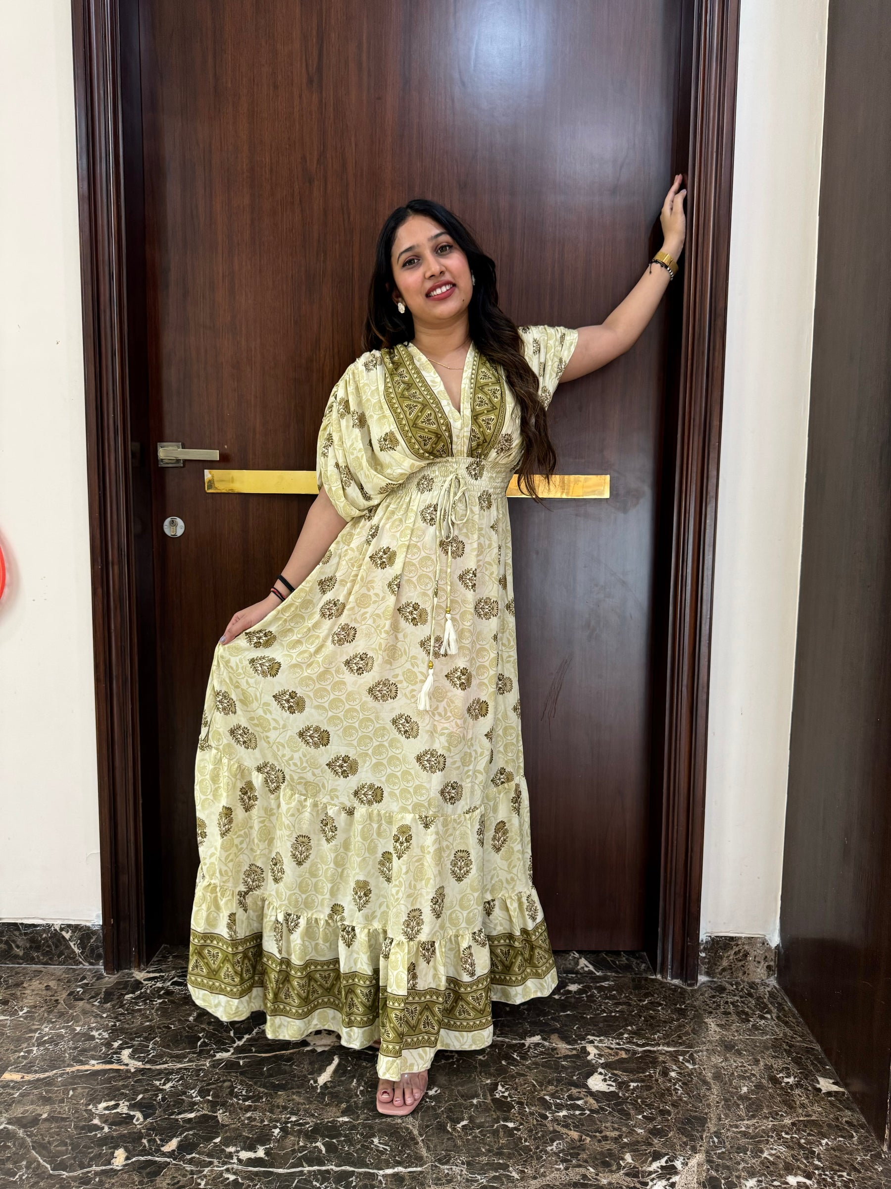Balloon Pattern Boho Printed Maxi Dress in Beige