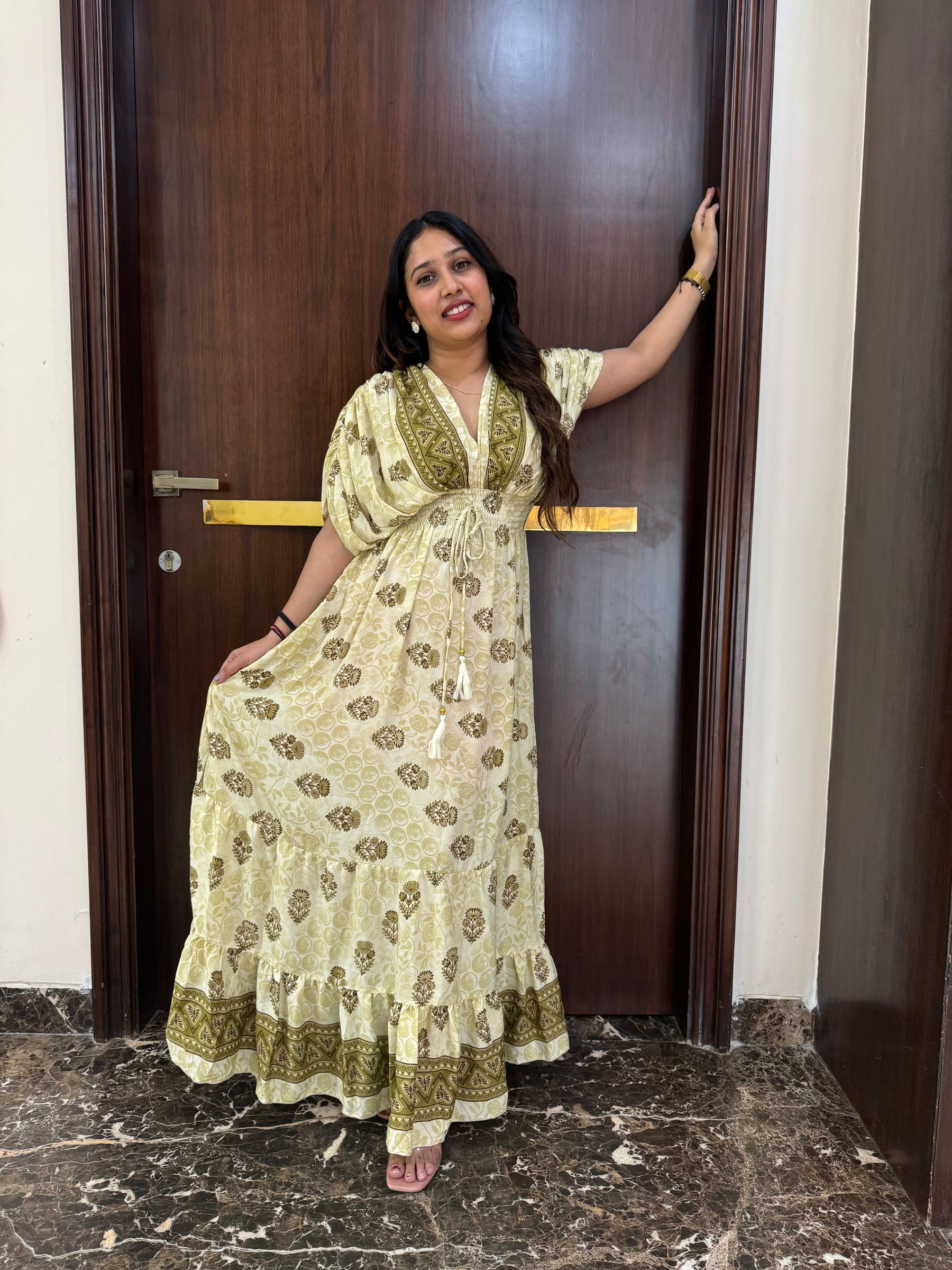 Balloon Pattern Boho Printed Maxi Dress in Beige