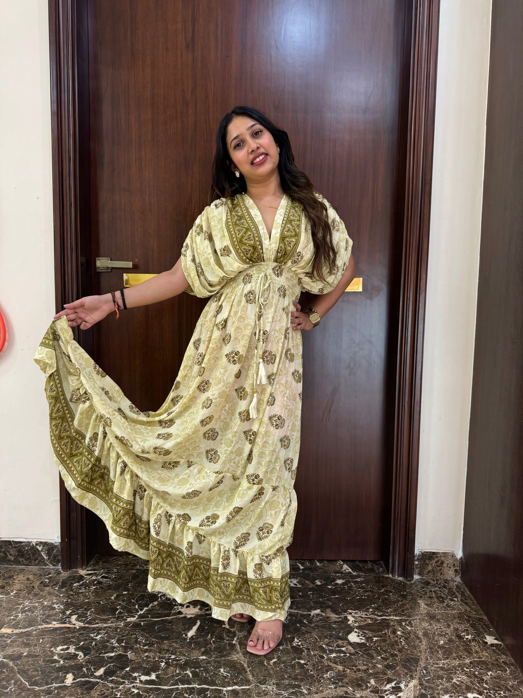 Balloon Pattern Boho Printed Maxi Dress in Beige