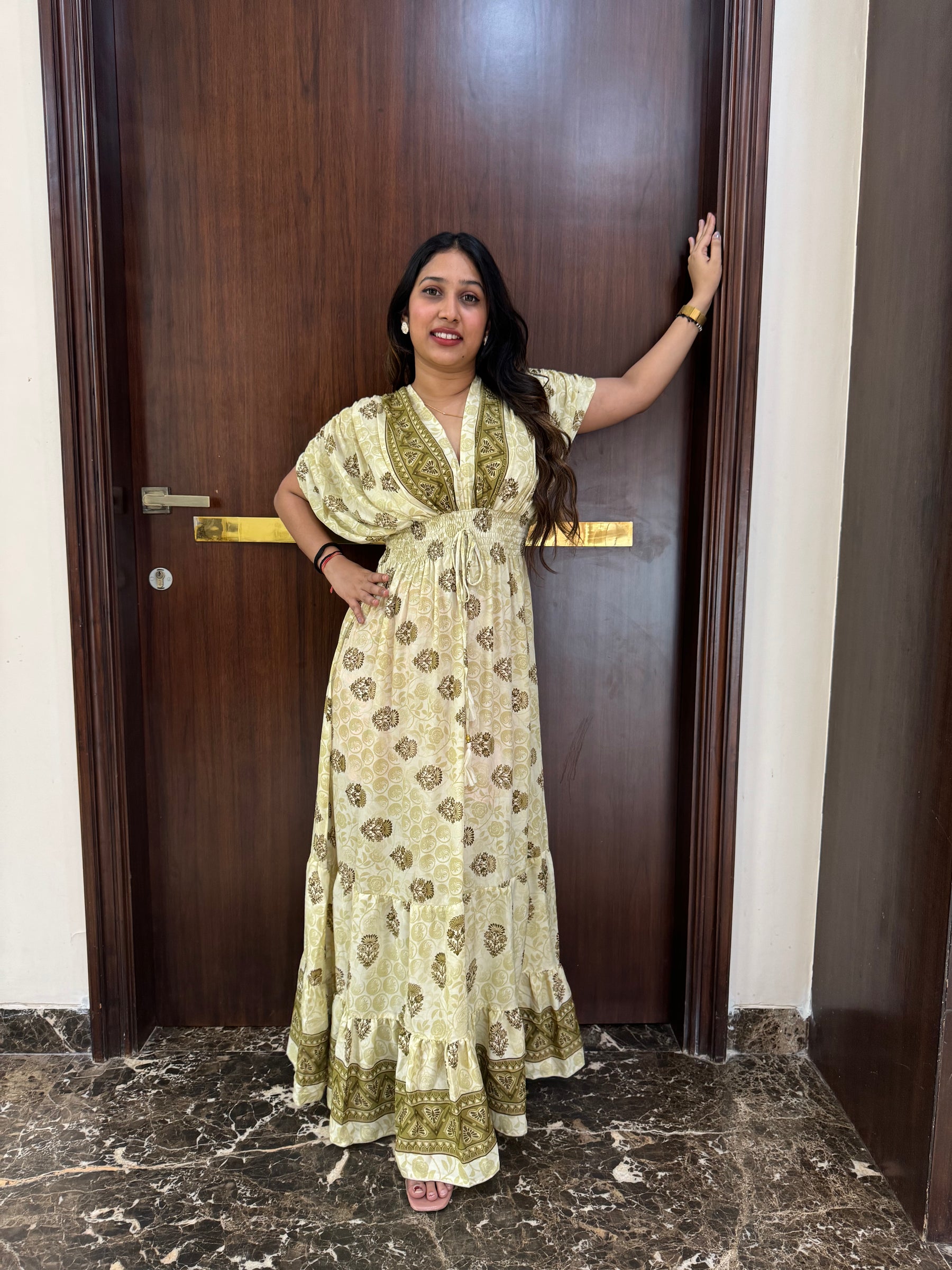 Balloon Pattern Boho Printed Maxi Dress in Beige