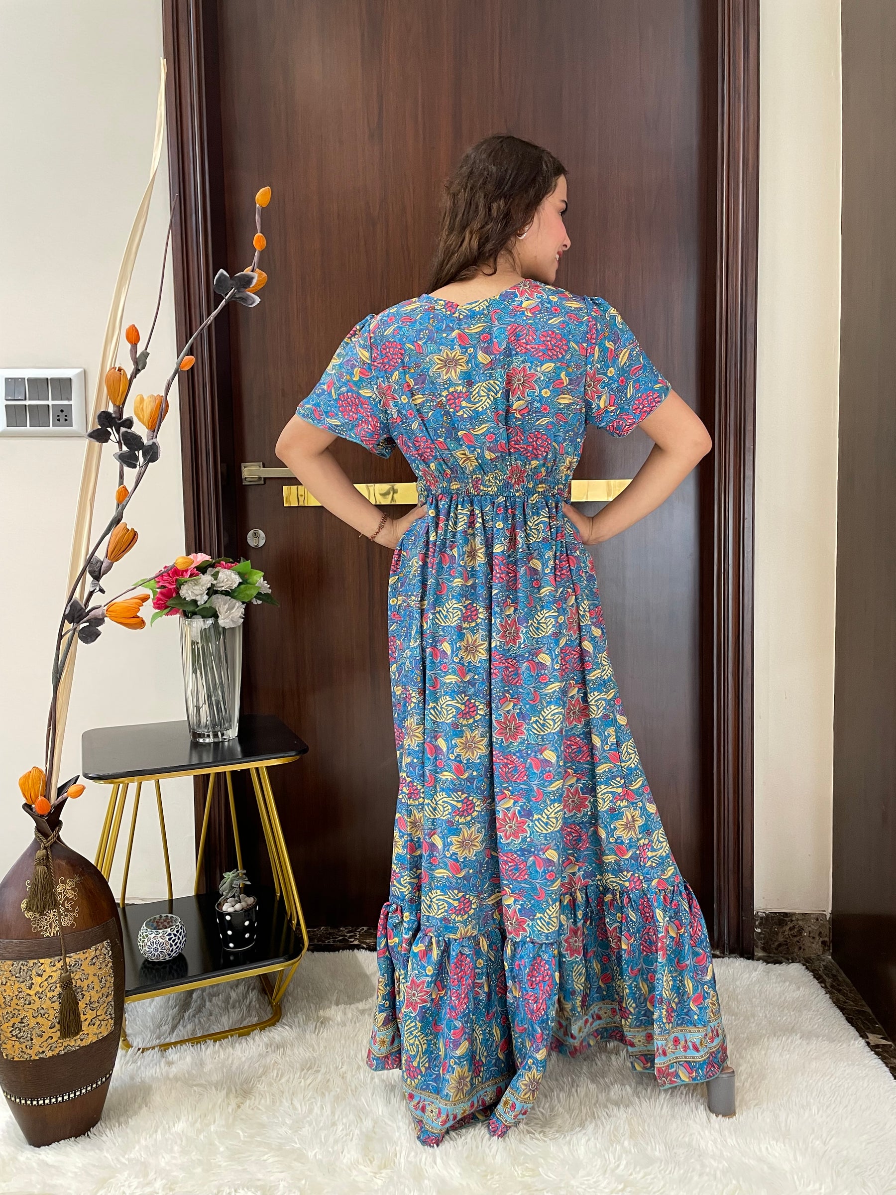 Straight Fit Boho Printed Maxi Dress - Blue