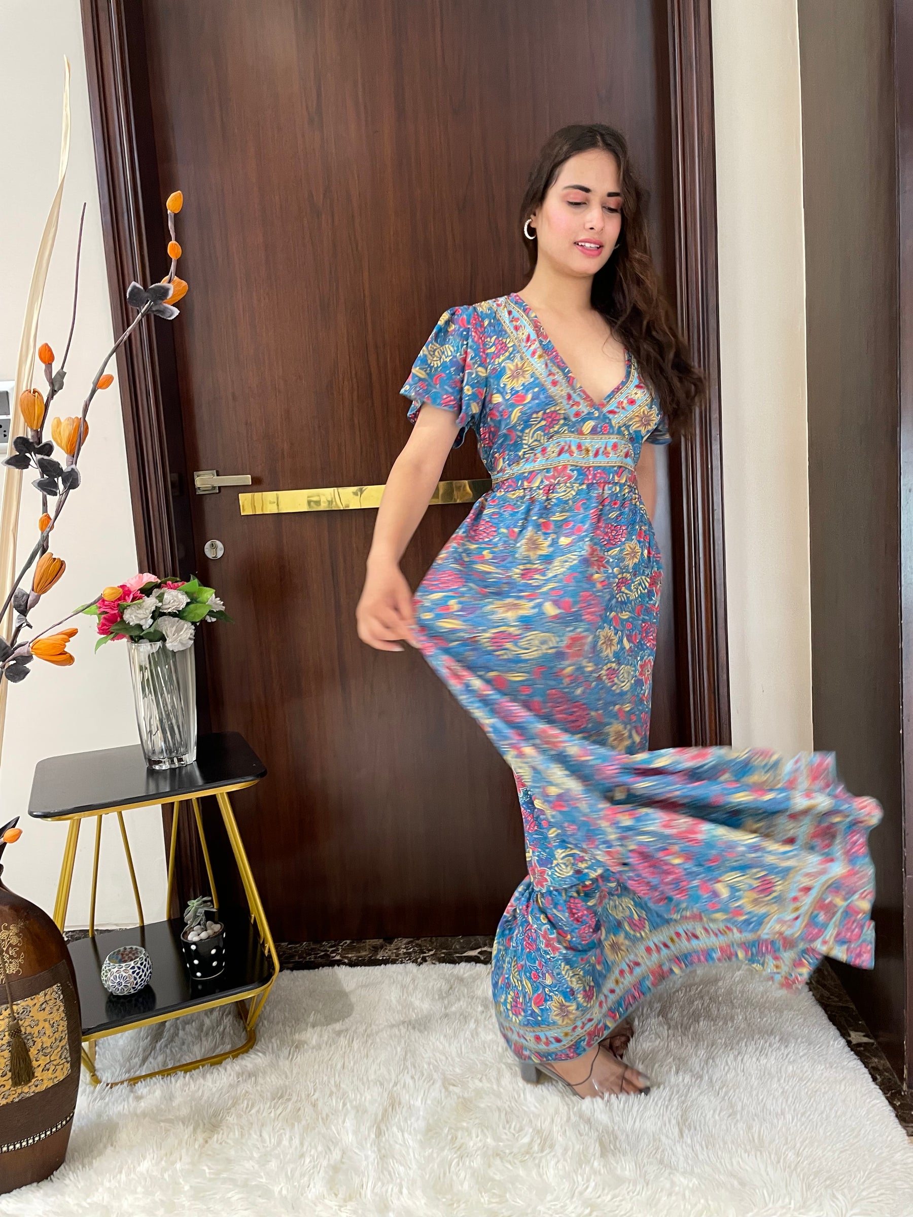 Straight Fit Boho Printed Maxi Dress - Blue