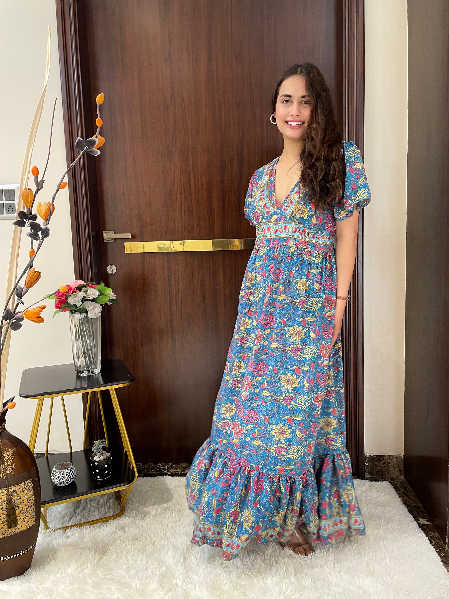 Straight Fit Boho Printed Maxi Dress - Blue