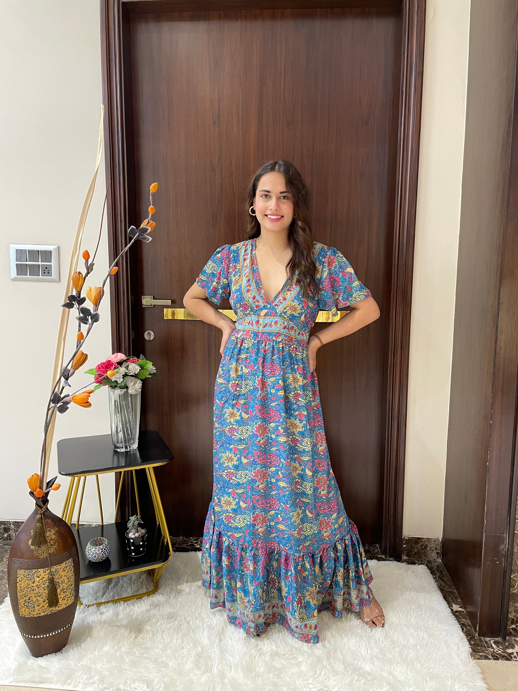 Straight Fit Boho Printed Maxi Dress - Blue