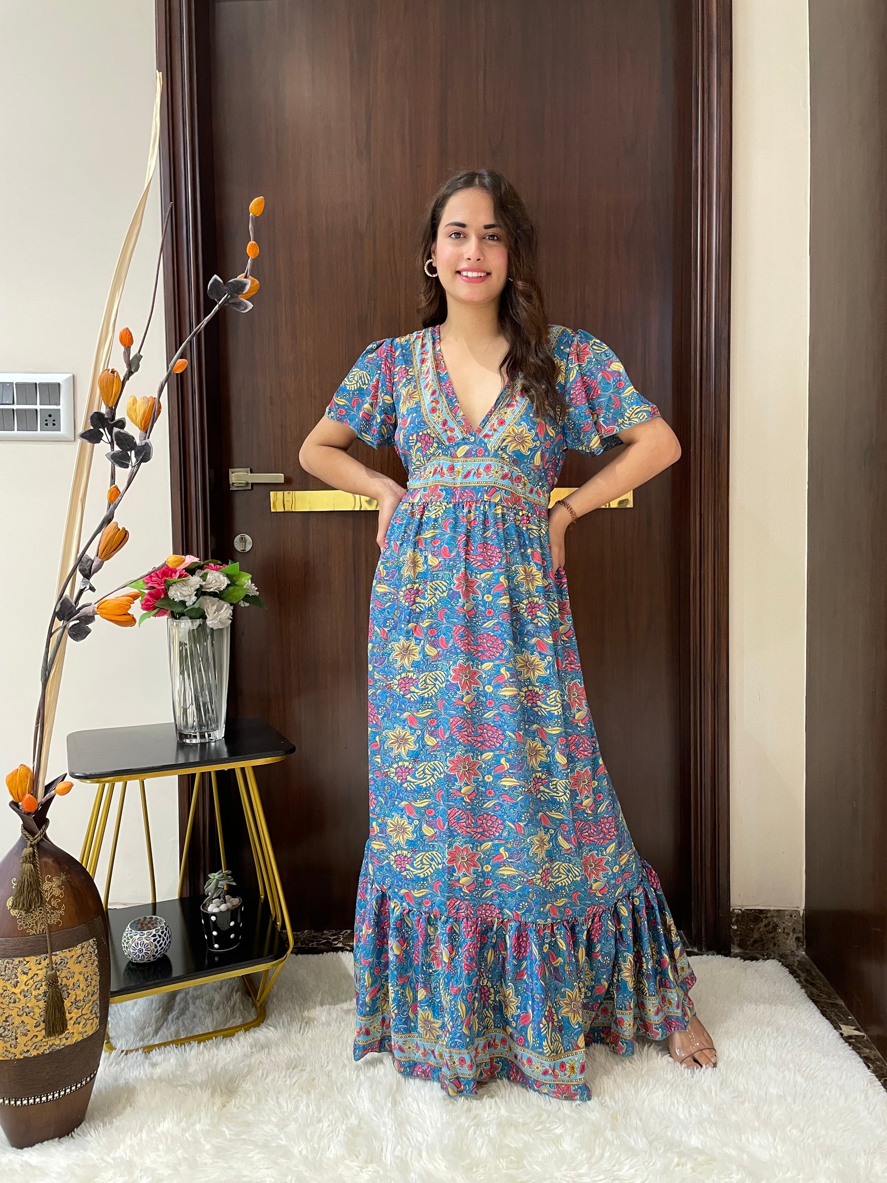 Straight Fit Boho Printed Maxi Dress - Blue