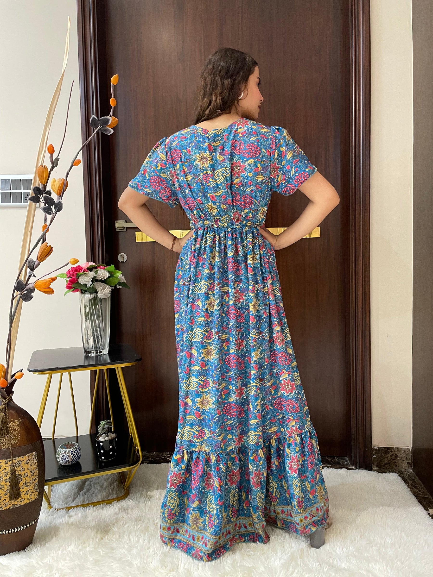 Straight Fit Boho Printed Maxi Dress - Blue