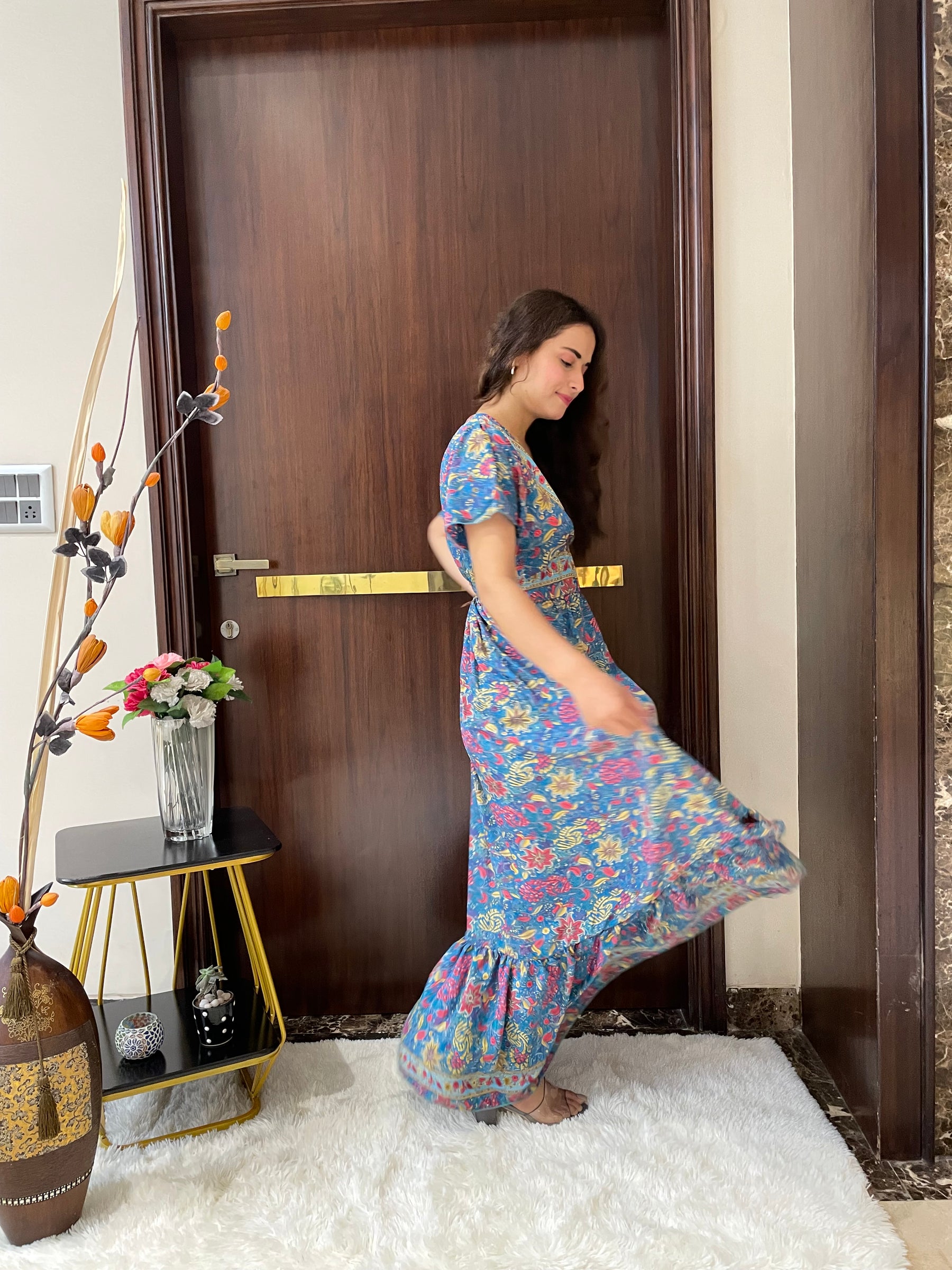 Straight Fit Boho Printed Maxi Dress - Blue