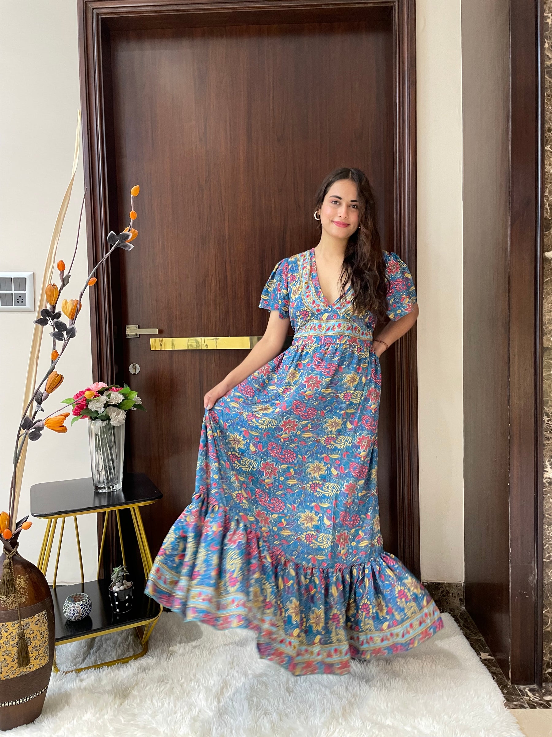 Straight Fit Boho Printed Maxi Dress - Blue