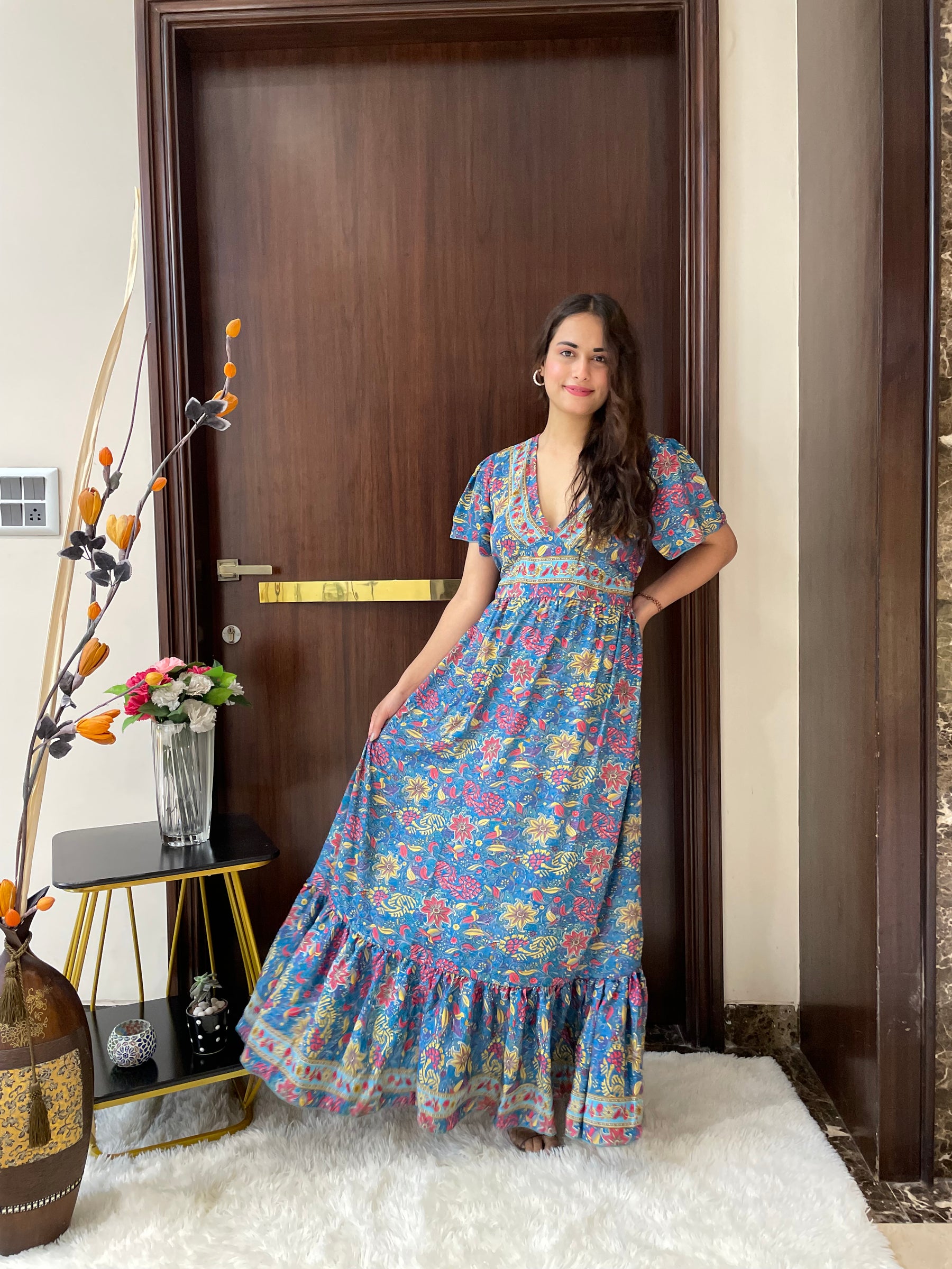Straight Fit Boho Printed Maxi Dress - Blue