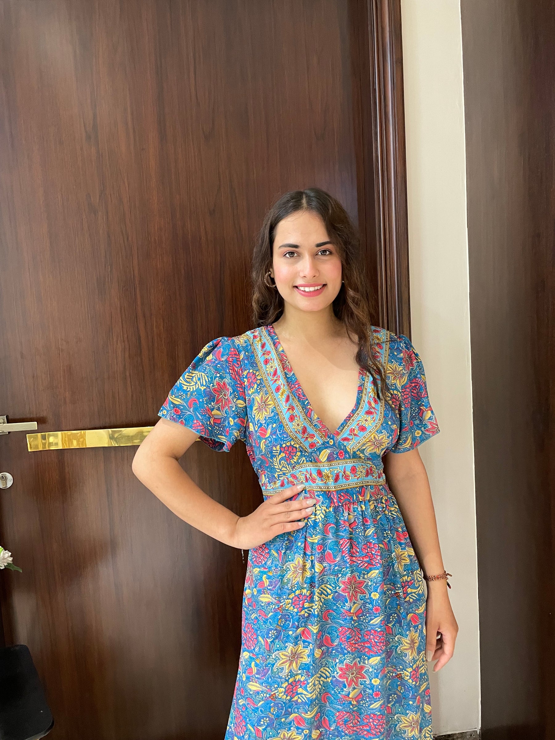 Straight Fit Boho Printed Maxi Dress - Blue
