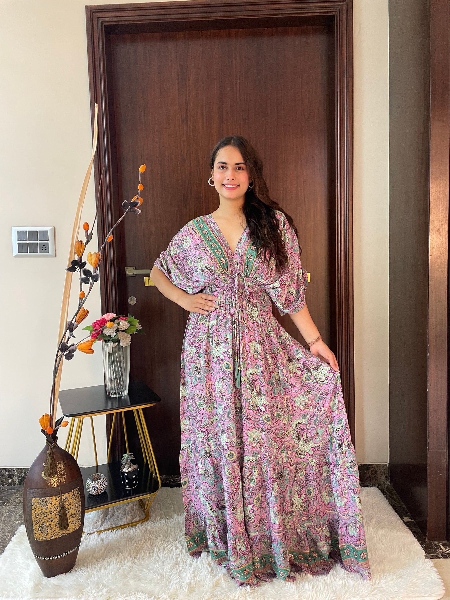 Balloon Pattern Boho Printed Maxi Dress in Pink