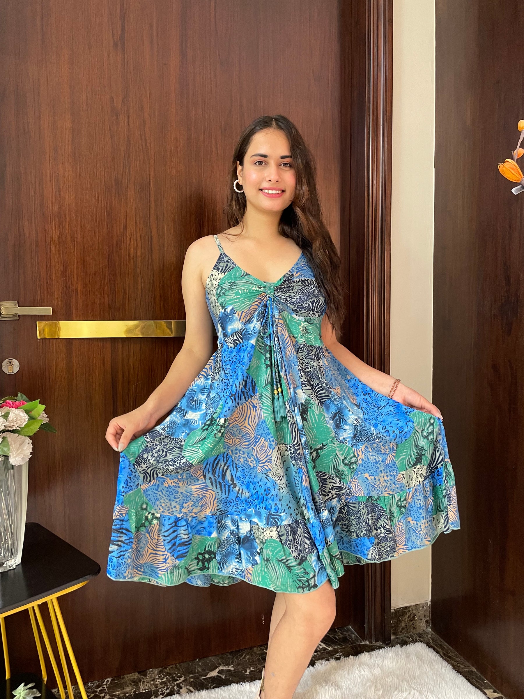 Ruched Bust Boho Printed Short Dress - Blue