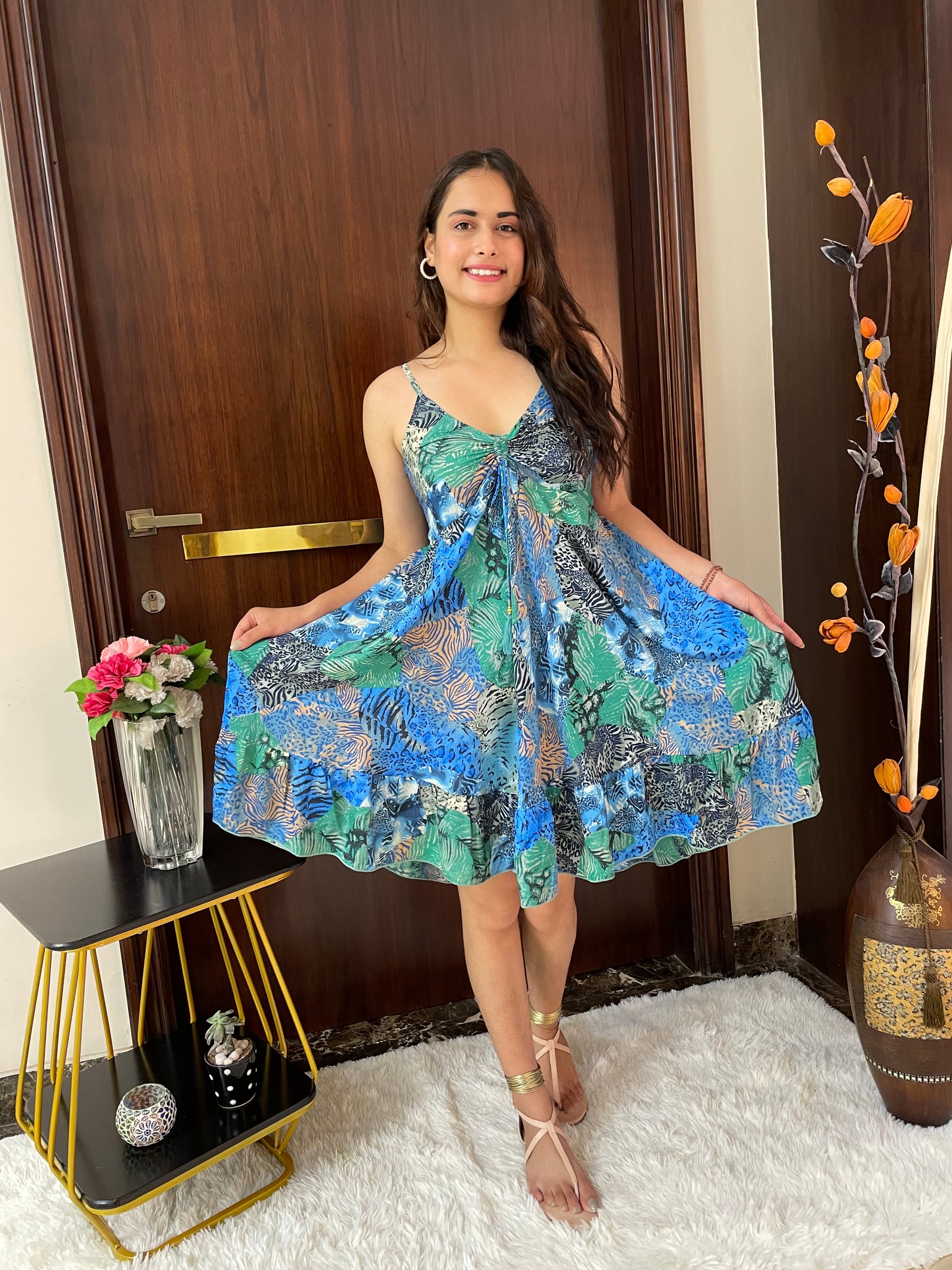 Ruched Bust Boho Printed Short Dress - Blue