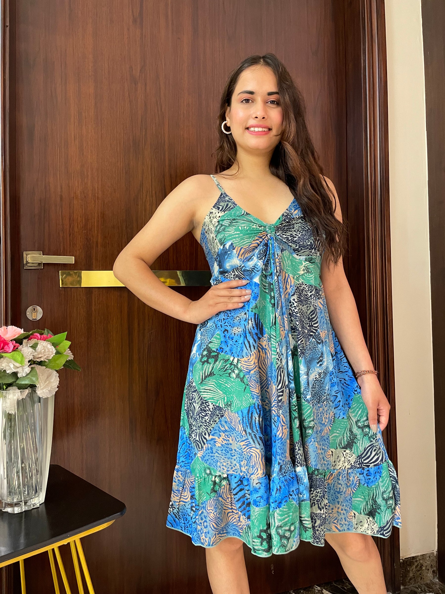 Ruched Bust Boho Printed Short Dress - Blue