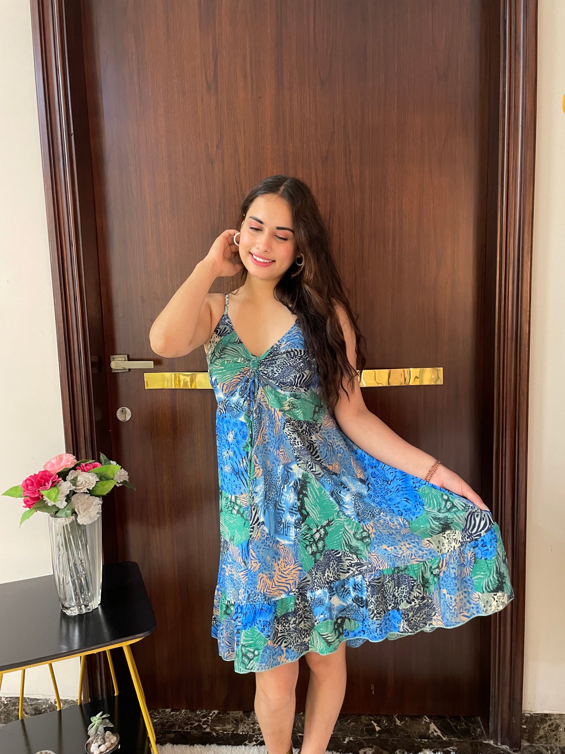 Ruched Bust Boho Printed Short Dress - Blue