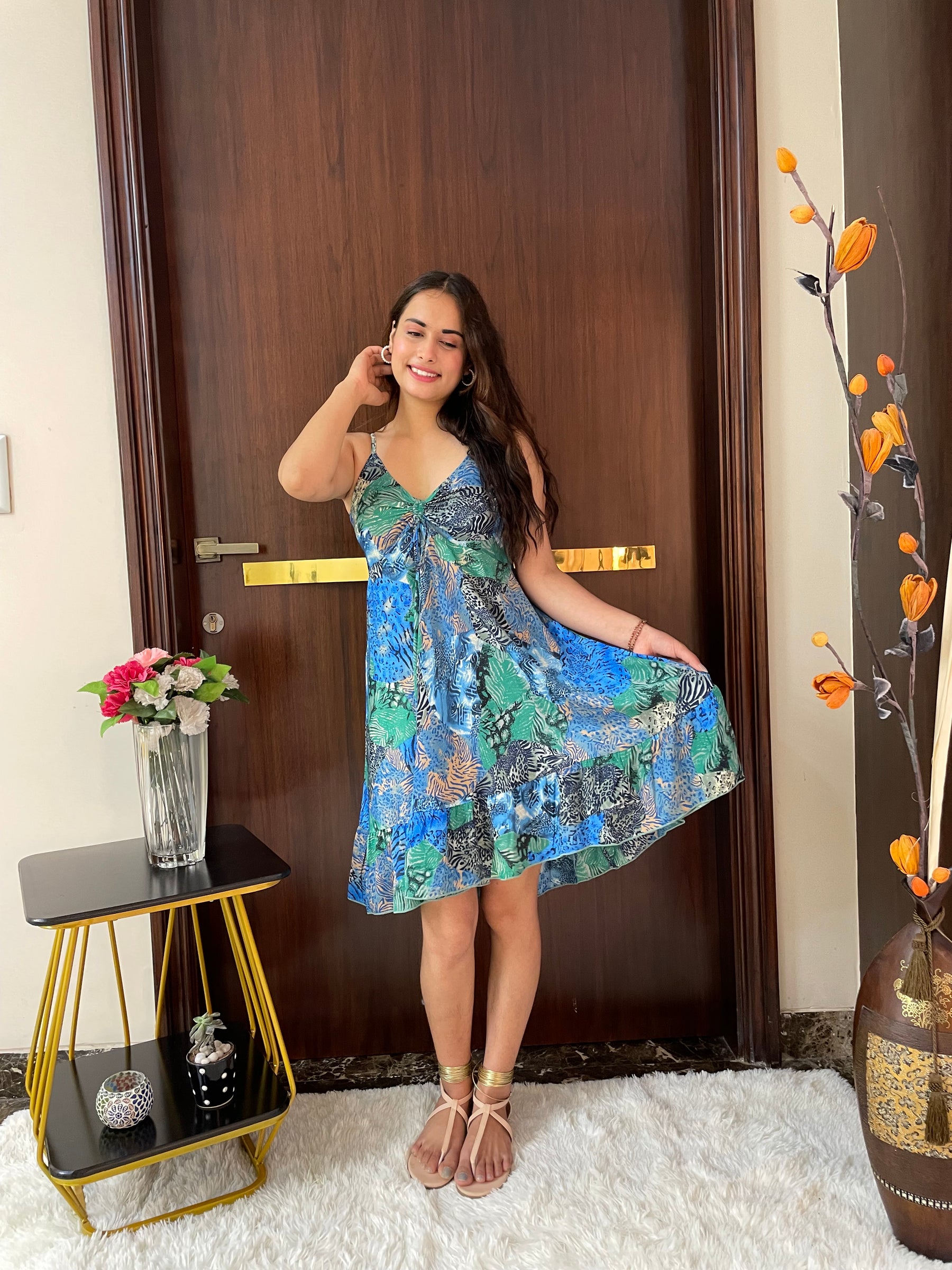 Ruched Bust Boho Printed Short Dress - Blue