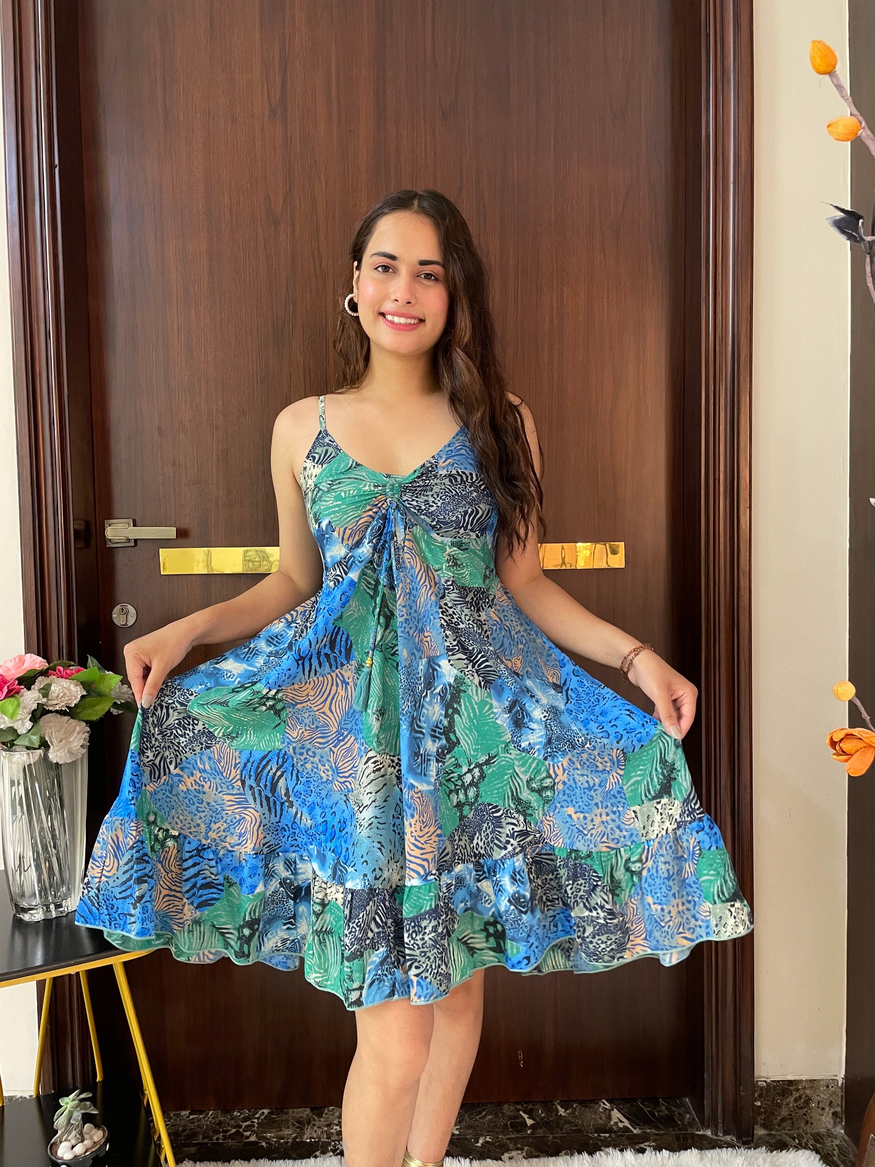 Ruched Bust Boho Printed Short Dress - Blue
