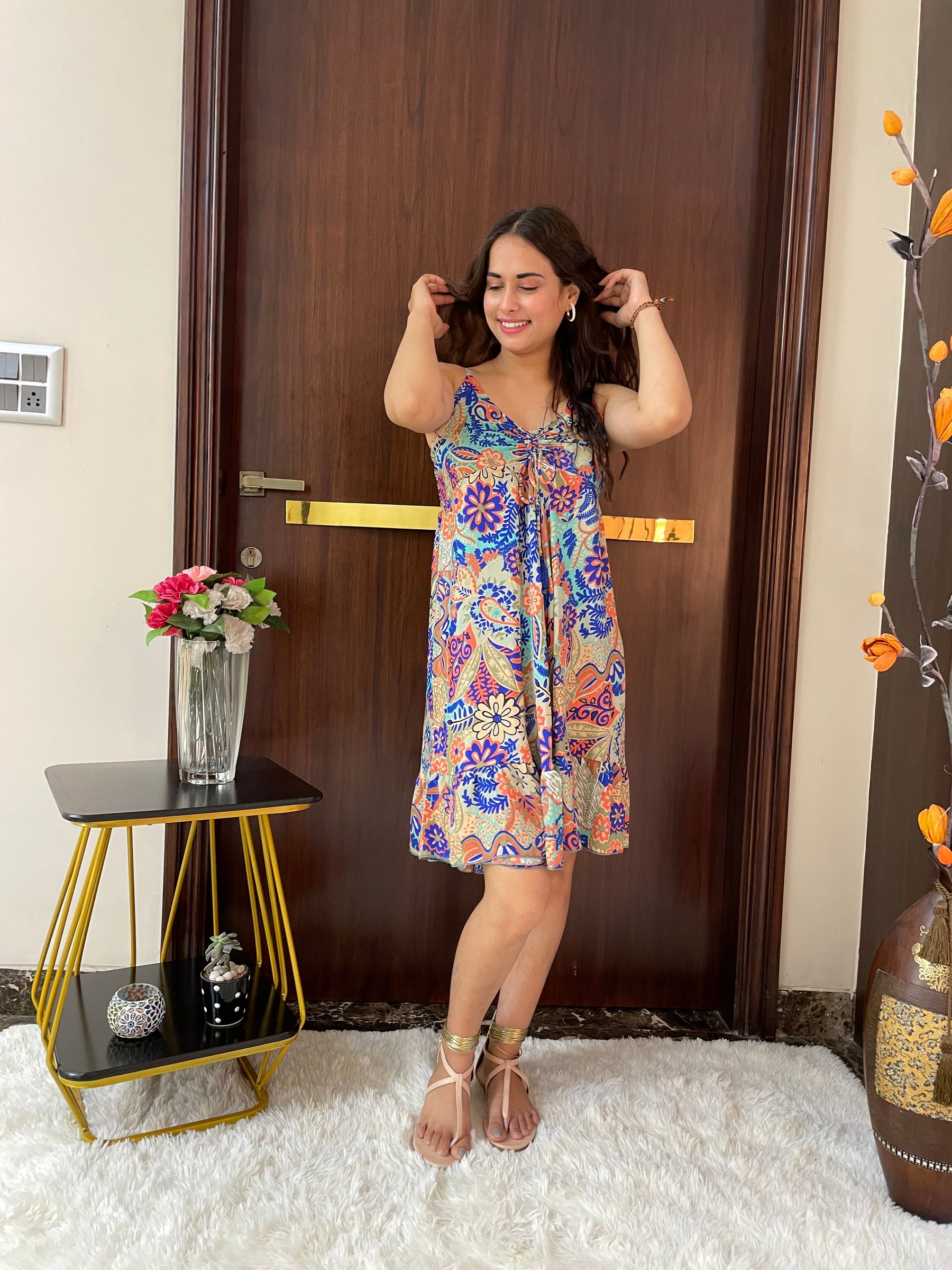 Ruched Bust Boho Printed Short Dress - Multicolor