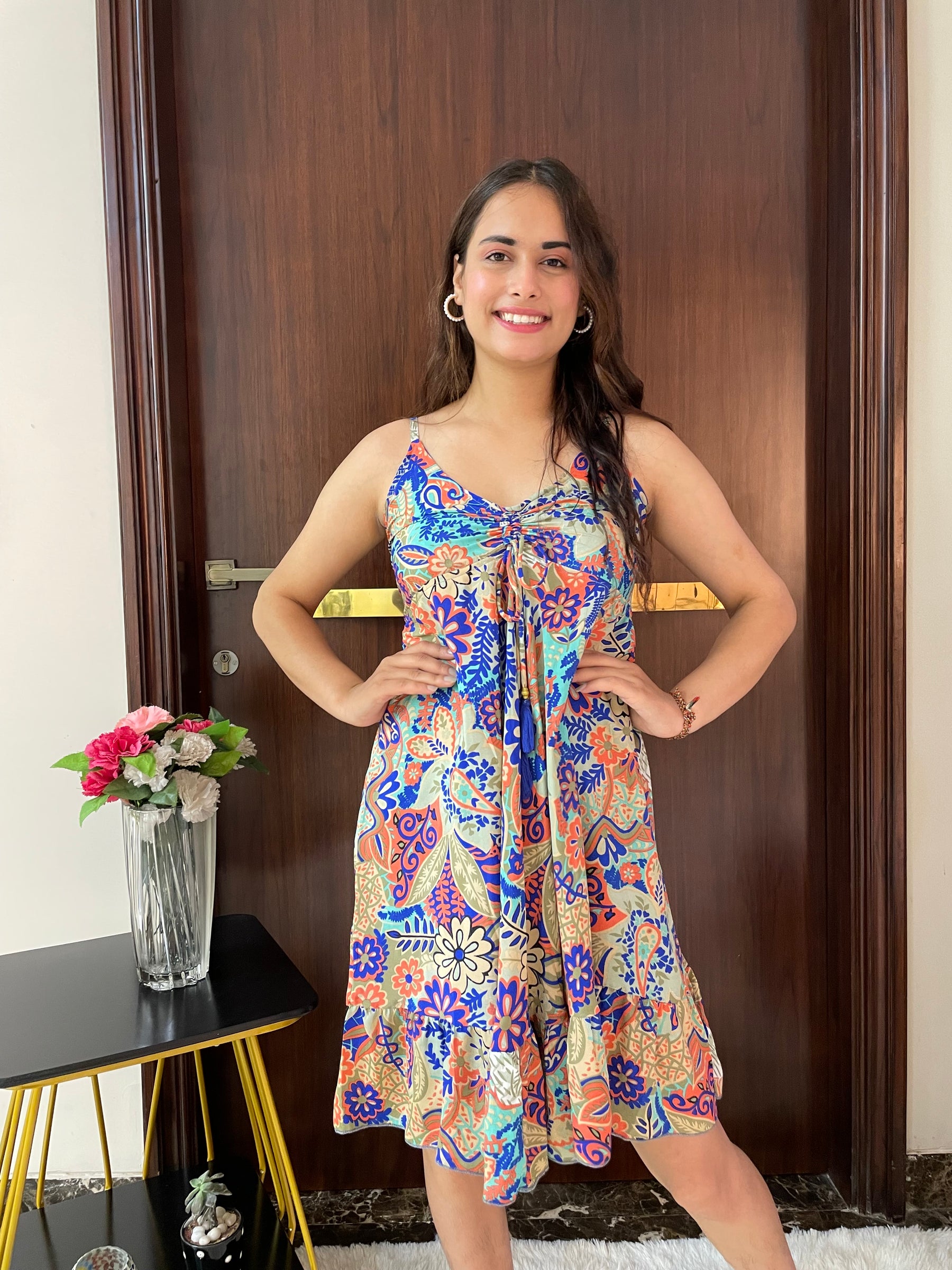 Ruched Bust Boho Printed Short Dress - Multicolor