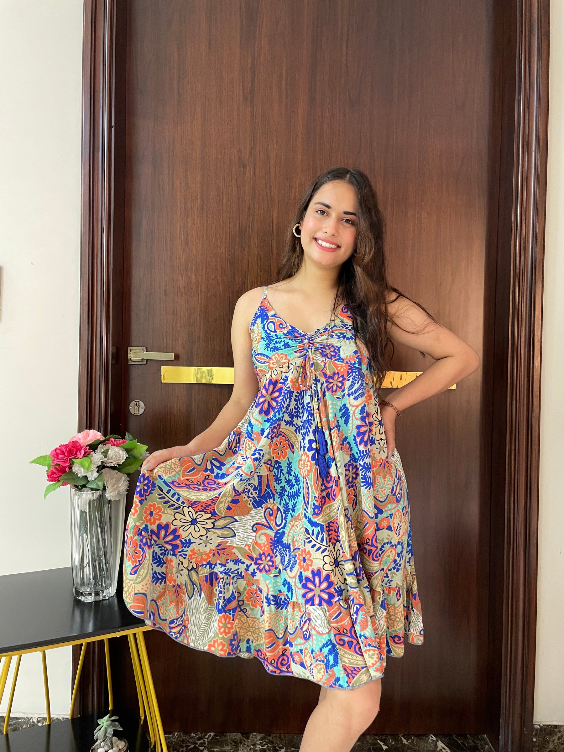 Ruched Bust Boho Printed Short Dress - Multicolor