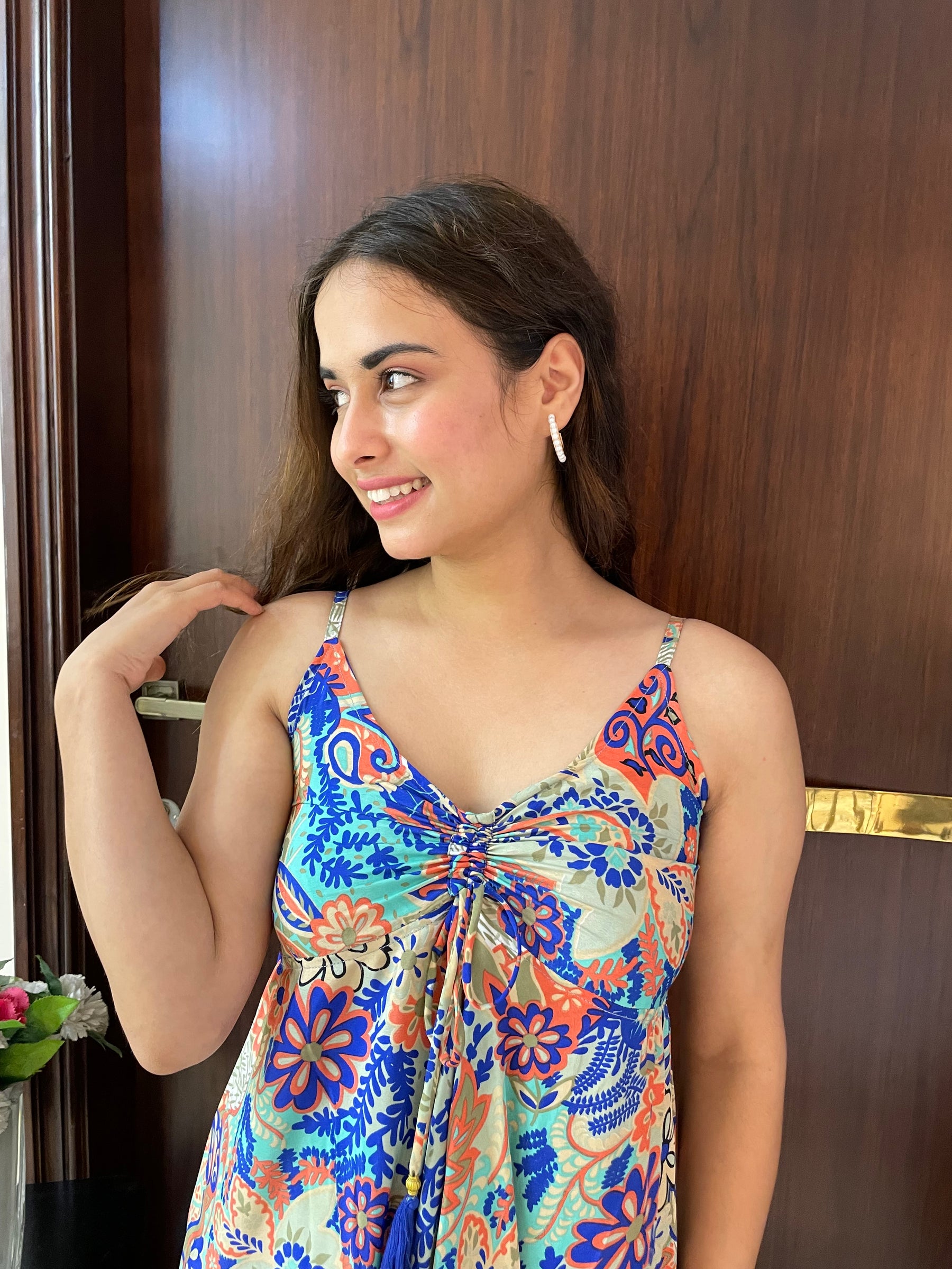 Ruched Bust Boho Printed Short Dress - Multicolor