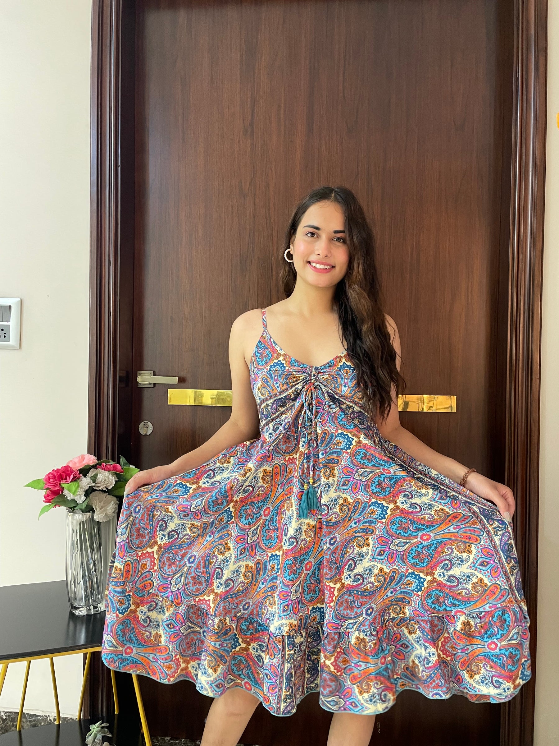 Ruched Bust Paisley Print Short Dress