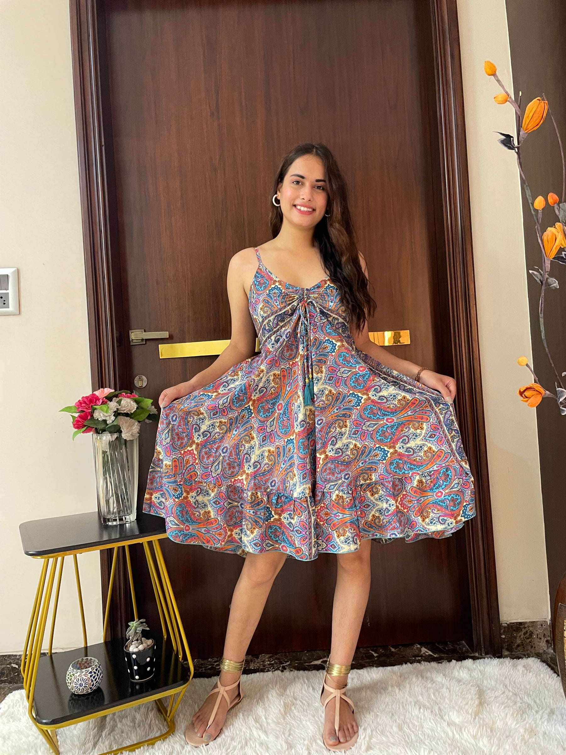 Ruched Bust Paisley Print Short Dress