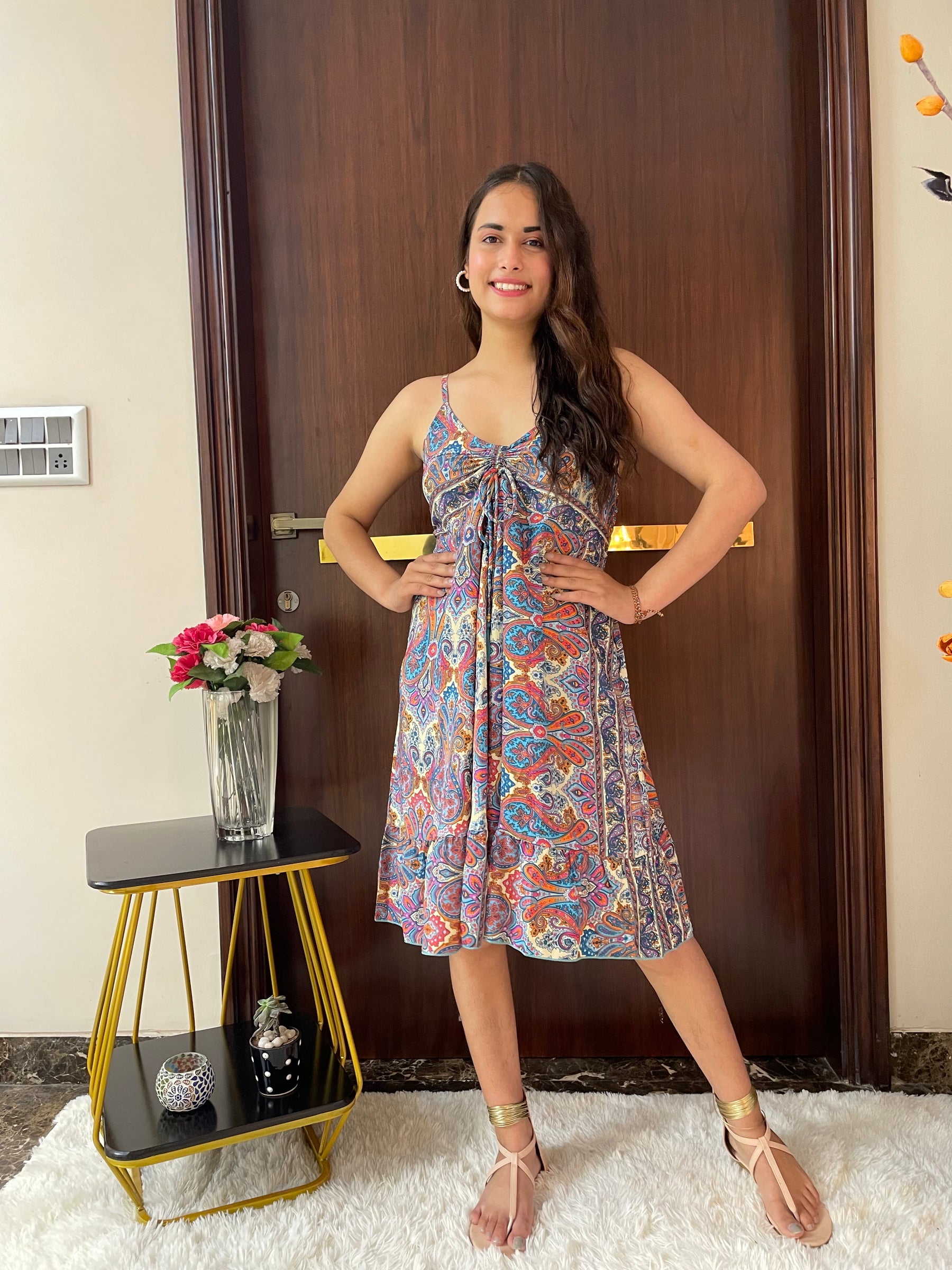 Ruched Bust Paisley Print Short Dress