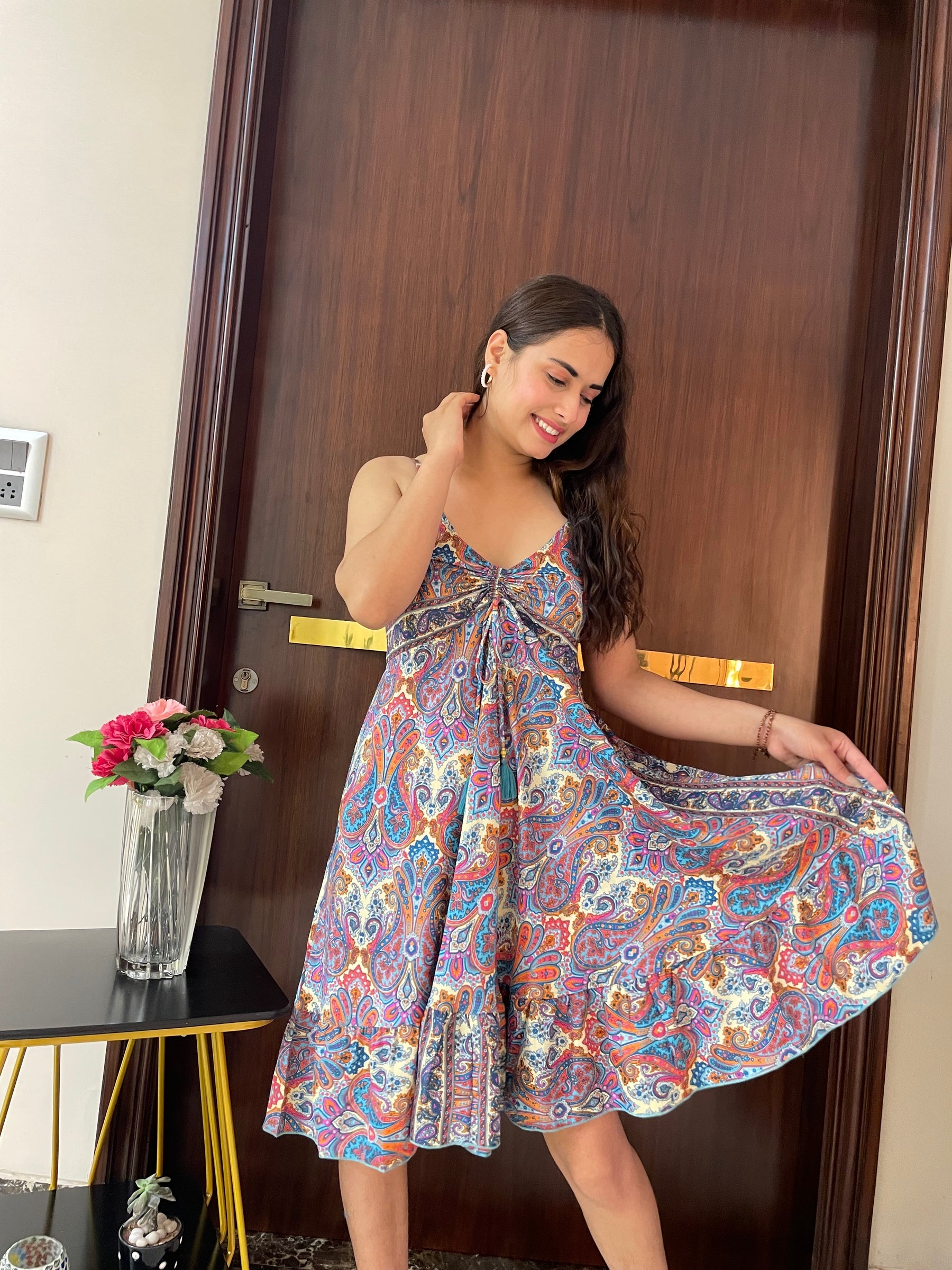 Ruched Bust Paisley Print Short Dress
