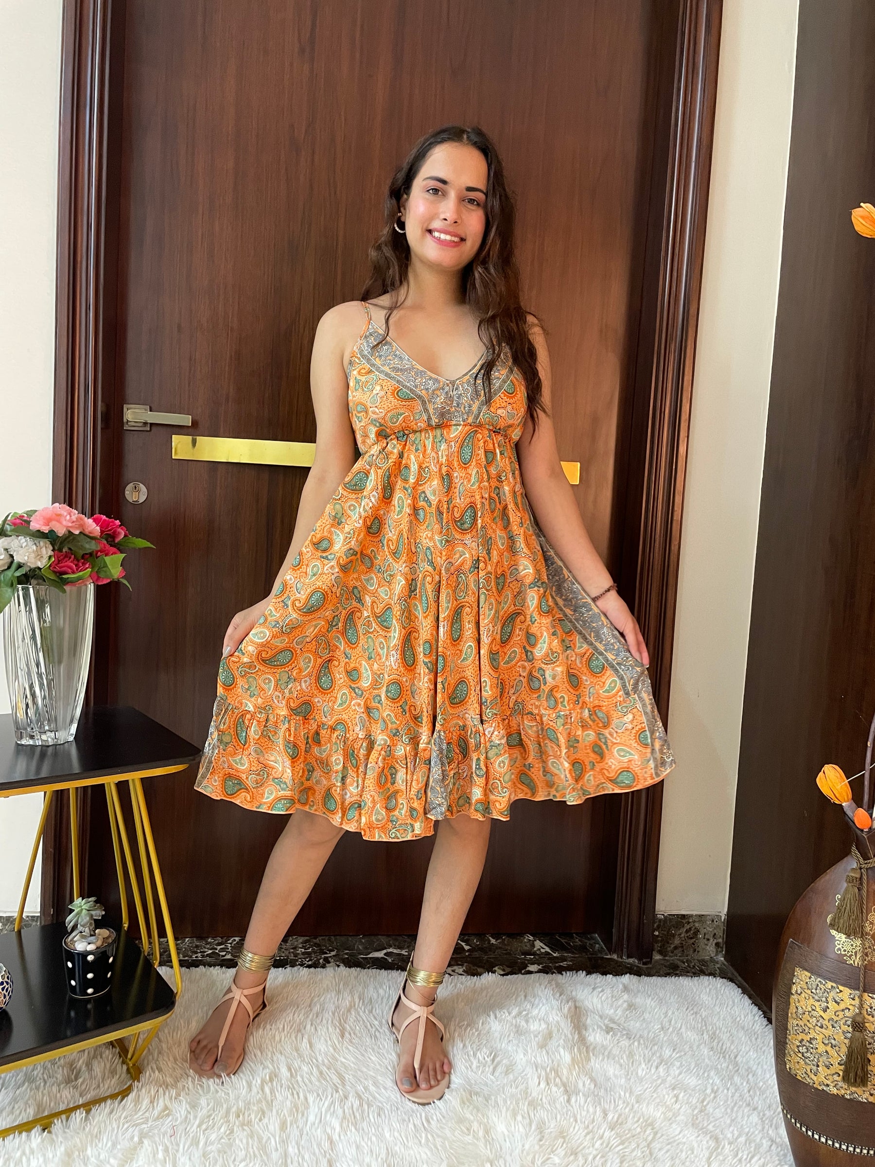 Ruffle Hem Boho Printed Short Dress in Orange