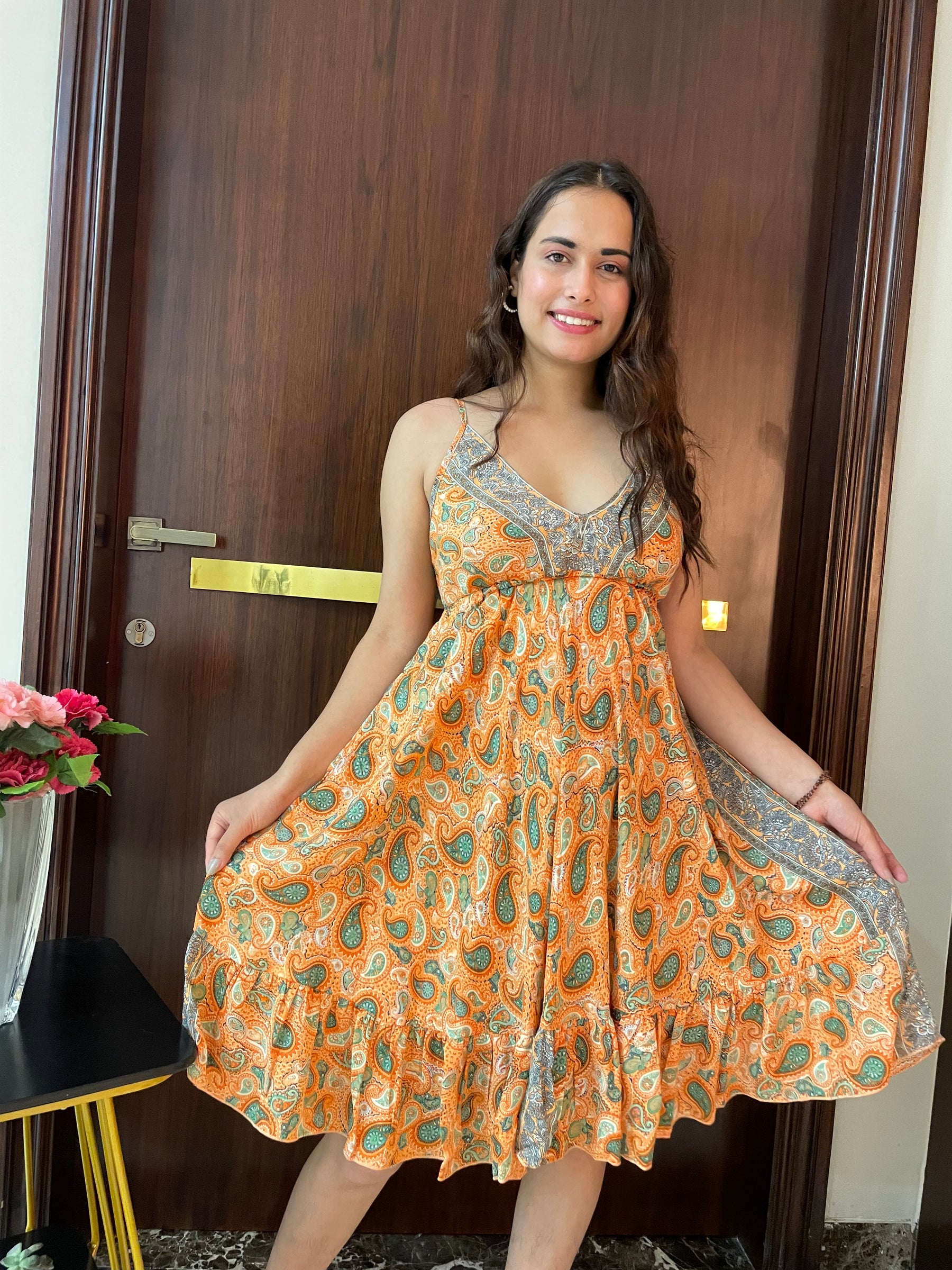 Ruffle Hem Boho Printed Short Dress in Orange