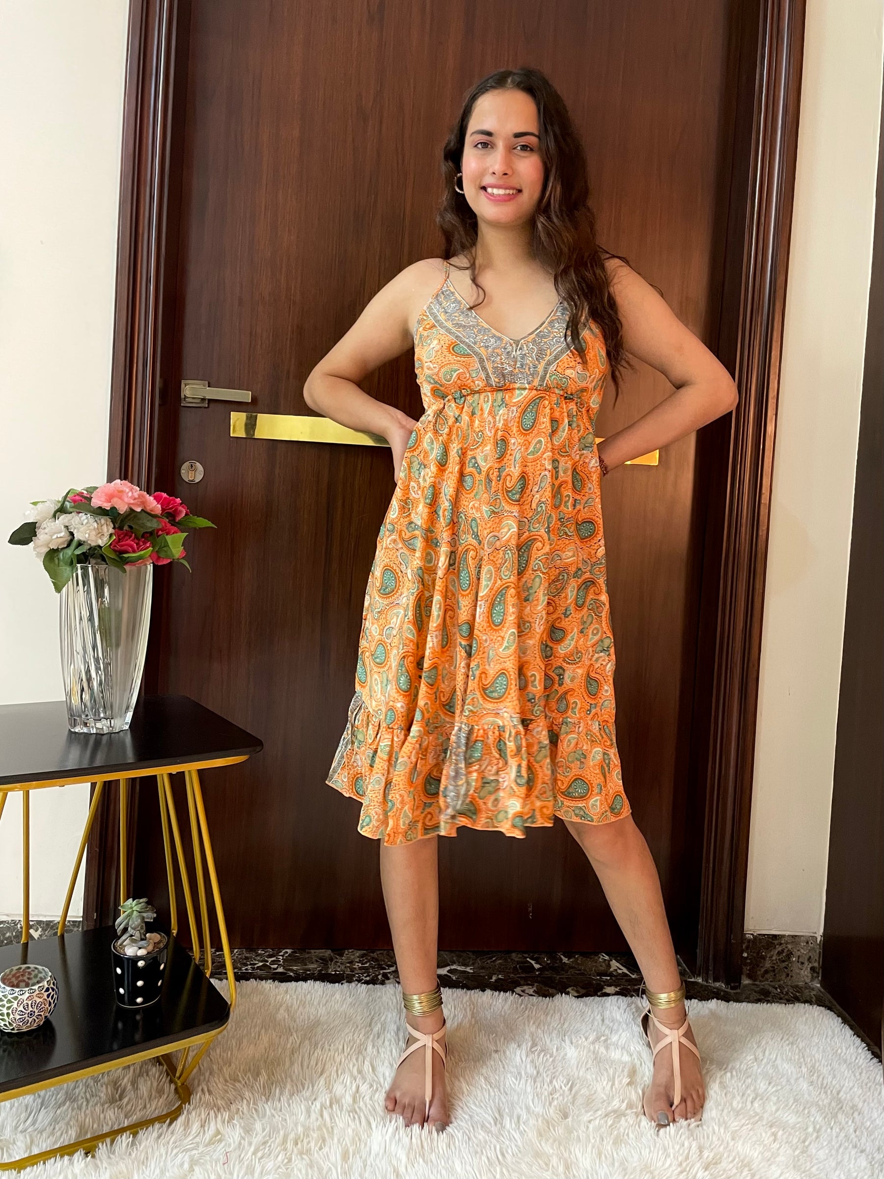 Ruffle Hem Boho Printed Short Dress in Orange