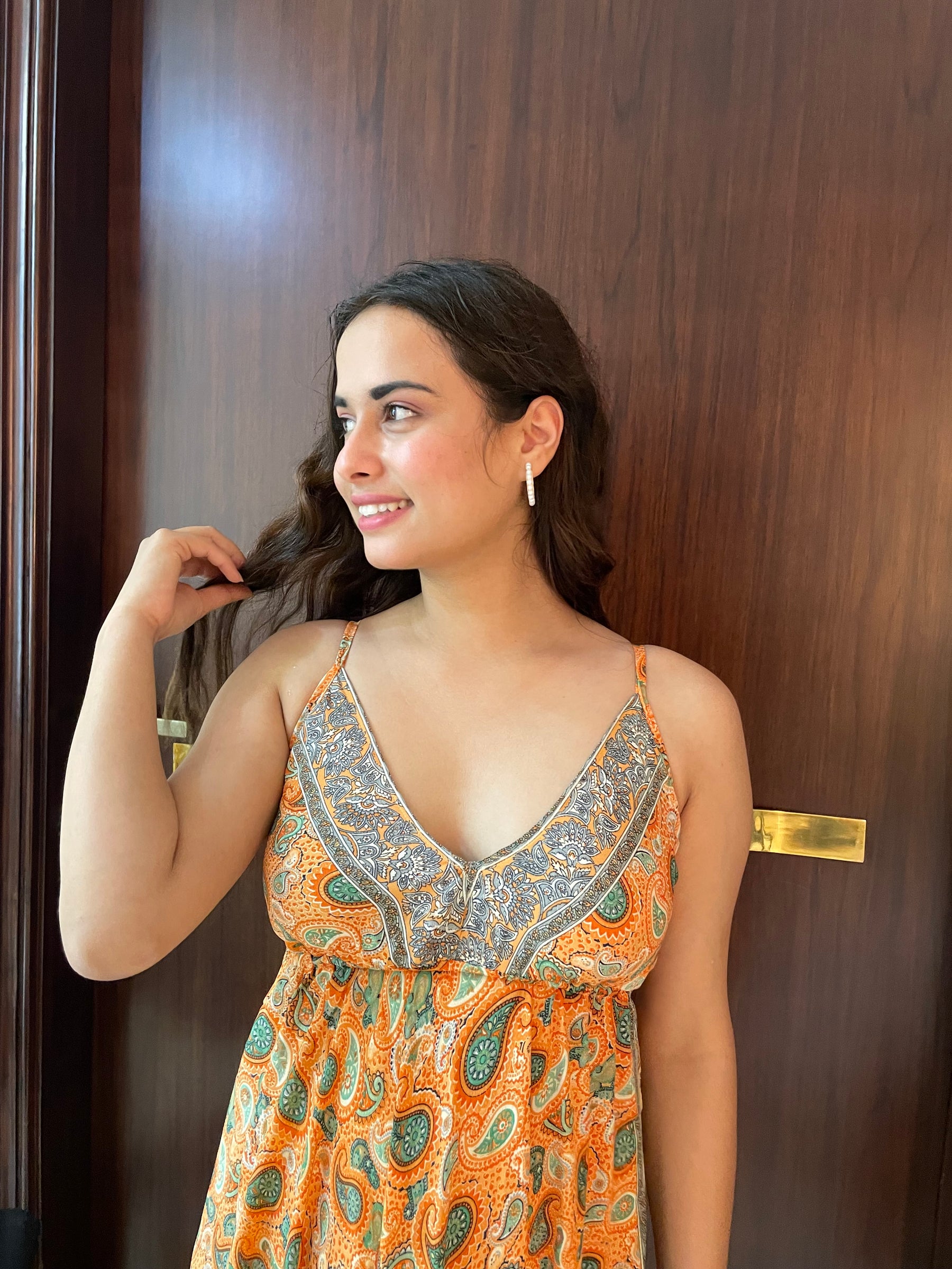 Ruffle Hem Boho Printed Short Dress in Orange