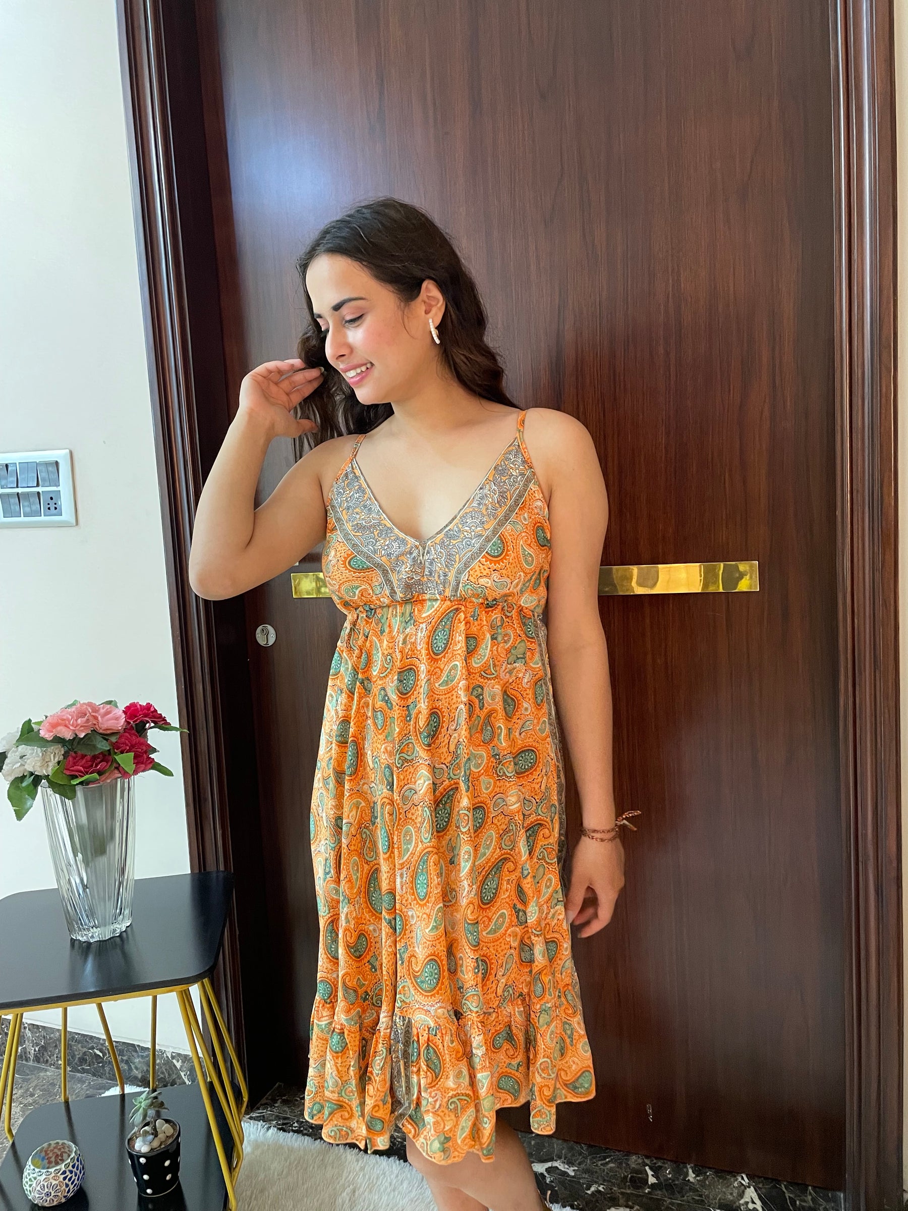 Ruffle Hem Boho Printed Short Dress in Orange