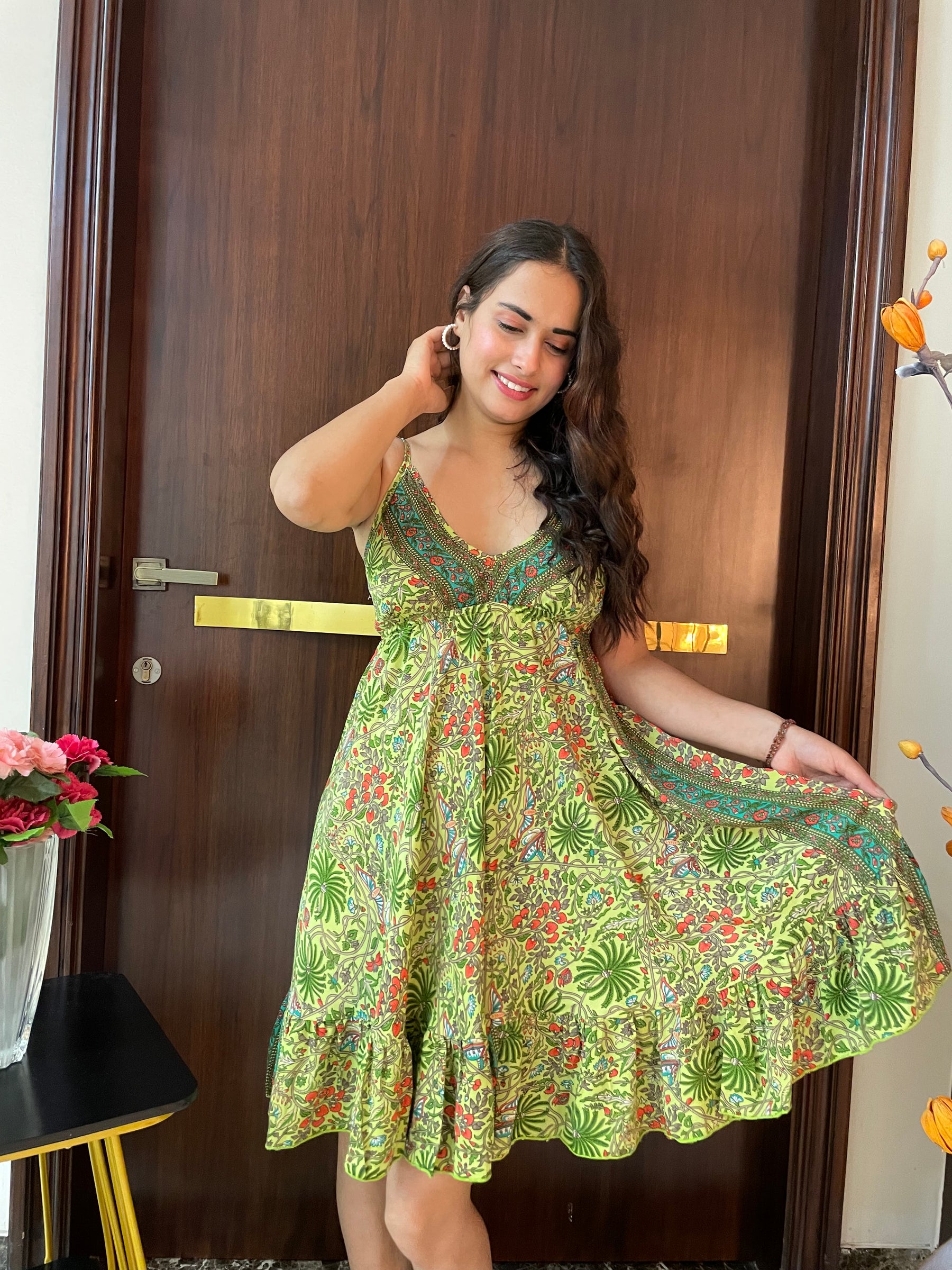 Ruffle Hem Boho Printed Short Dress in Green
